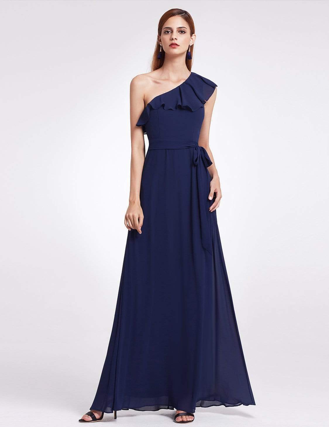 Color=Navy Blue | One Shoulder Ruffles Long Bridesmaid Dress-Navy Blue 1