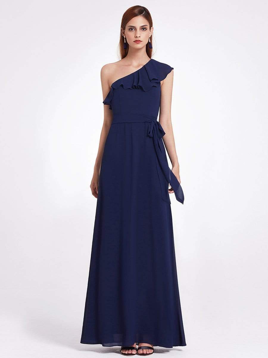 Color=Navy Blue | One Shoulder Ruffles Long Bridesmaid Dress-Navy Blue 4