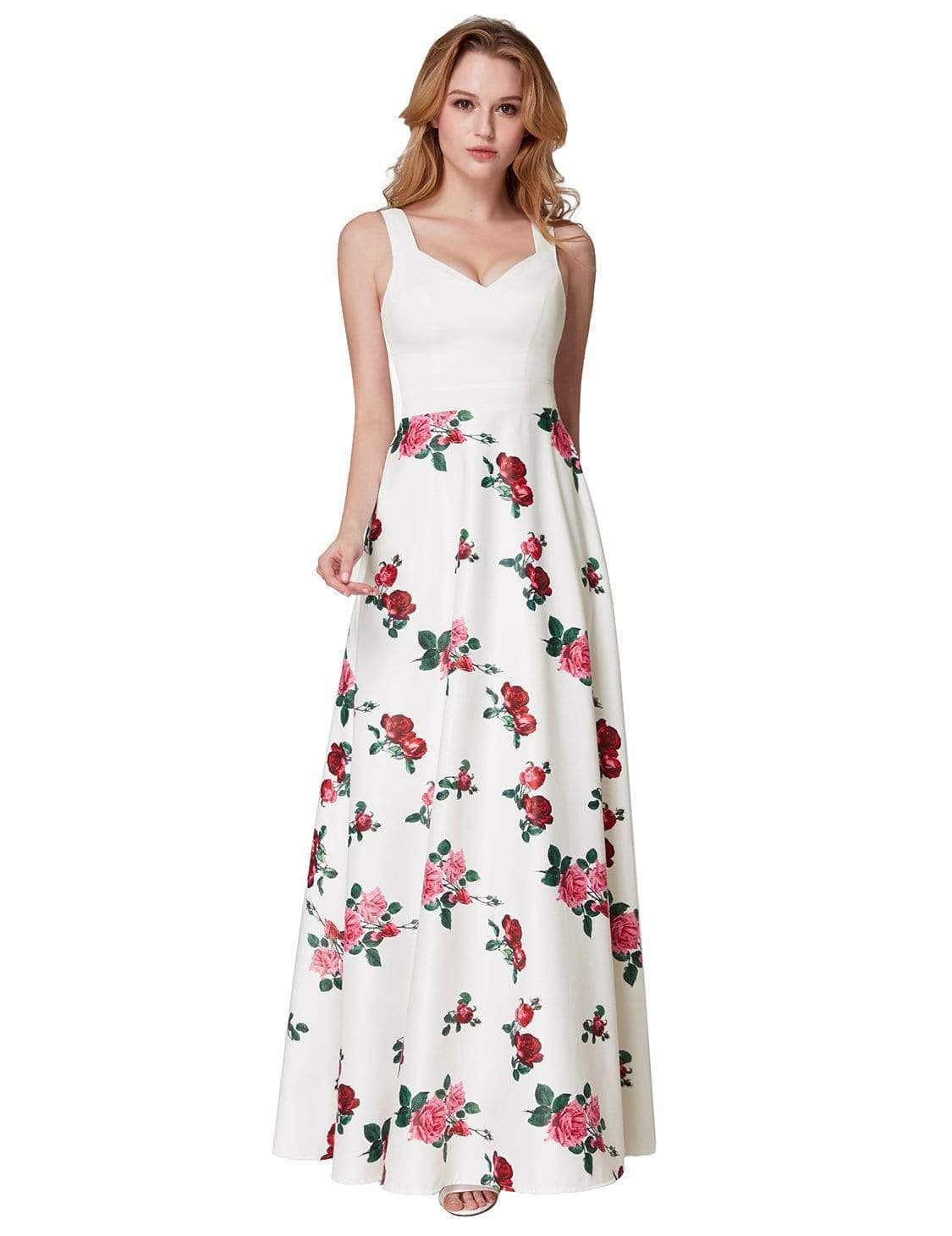 Color=White | Long Rose Print Prom Dress-White 2