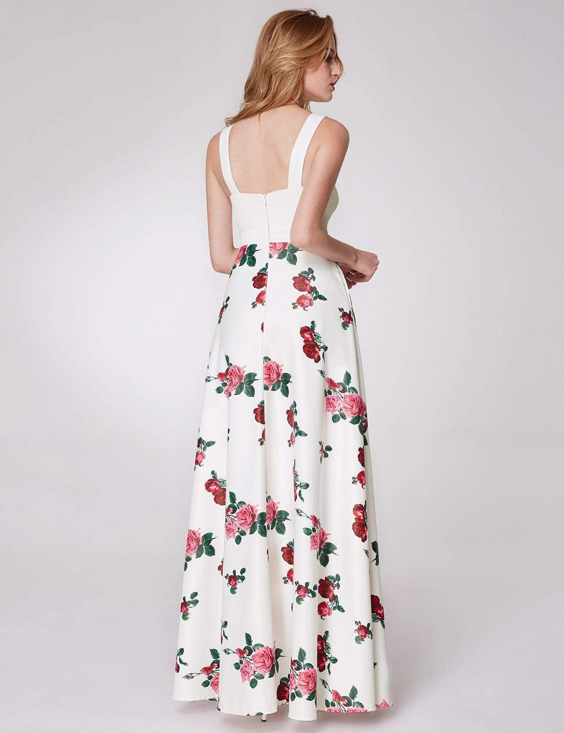 Color=White | Long Rose Print Prom Dress-White 3