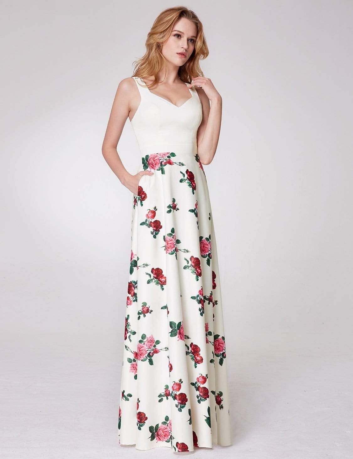 Color=White | Long Rose Print Prom Dress-White 4