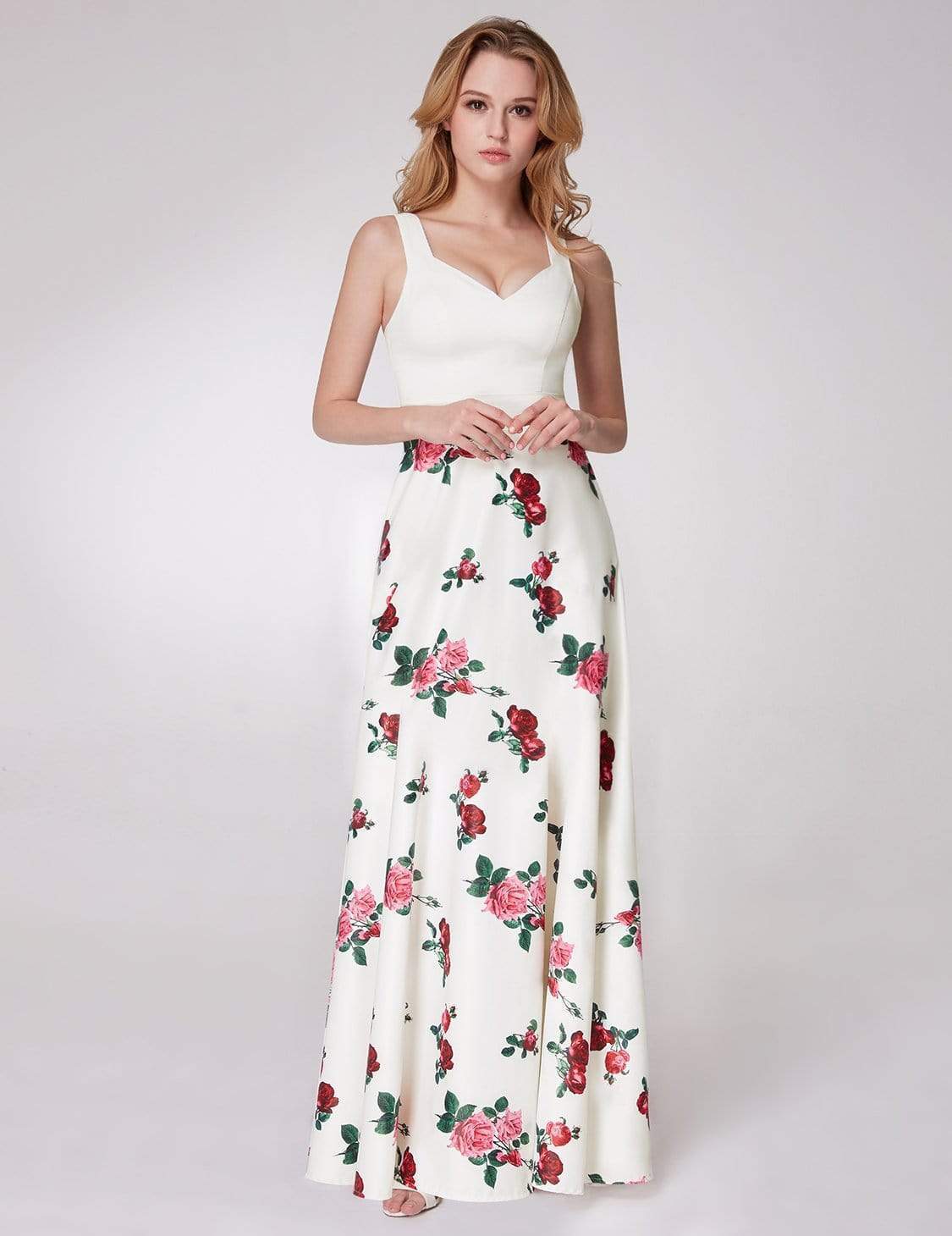 Color=White | Long Rose Print Prom Dress-White 5