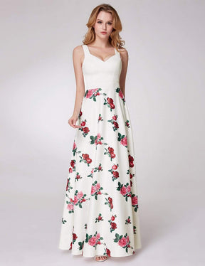 Color=White | Long Rose Print Prom Dress-White 1