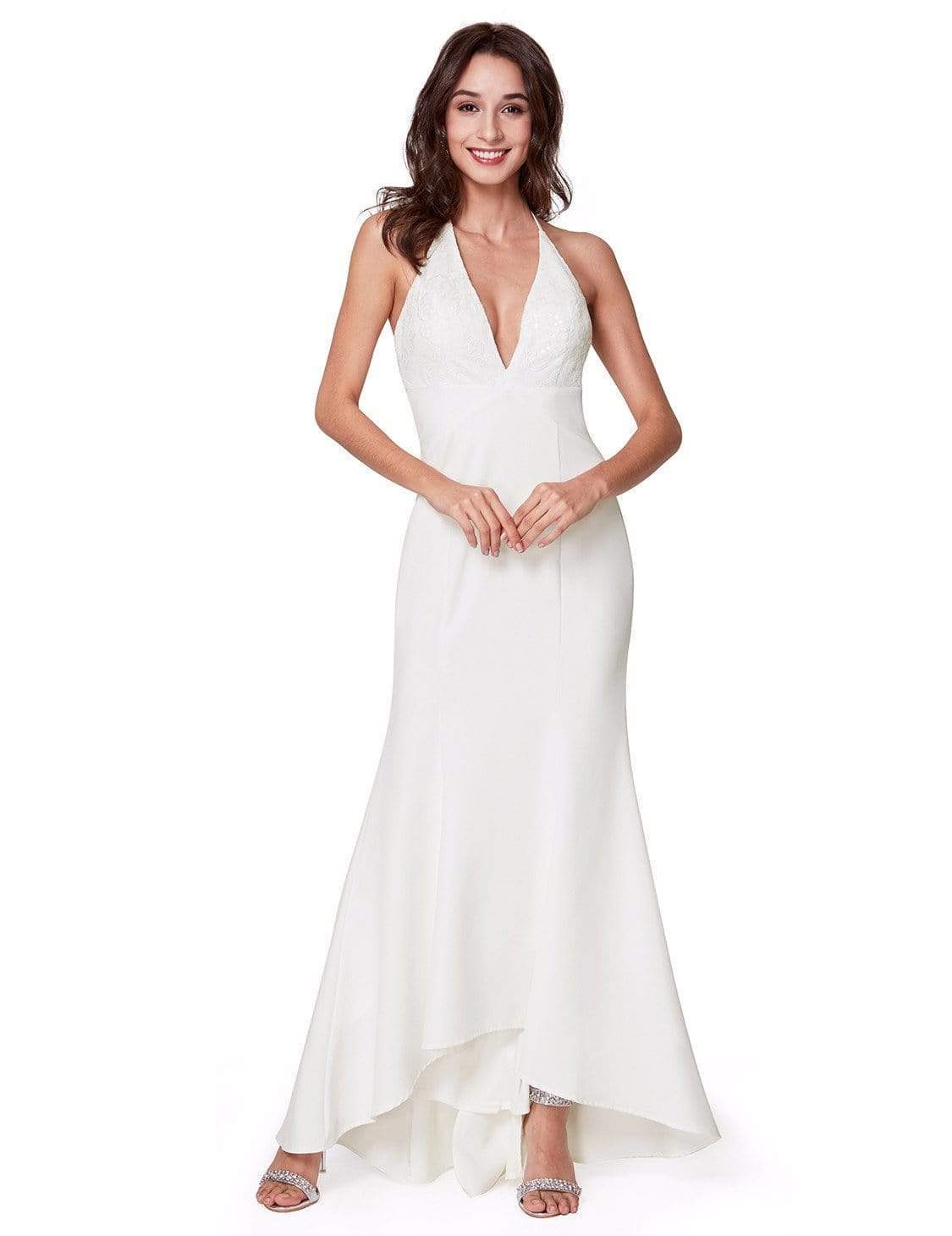 Color=White | Sexy Halter V Neck Long Evening Gown-White 2