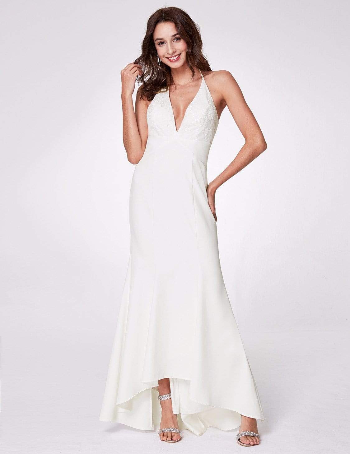 Color=White | Sexy Halter V Neck Long Evening Gown-White 4