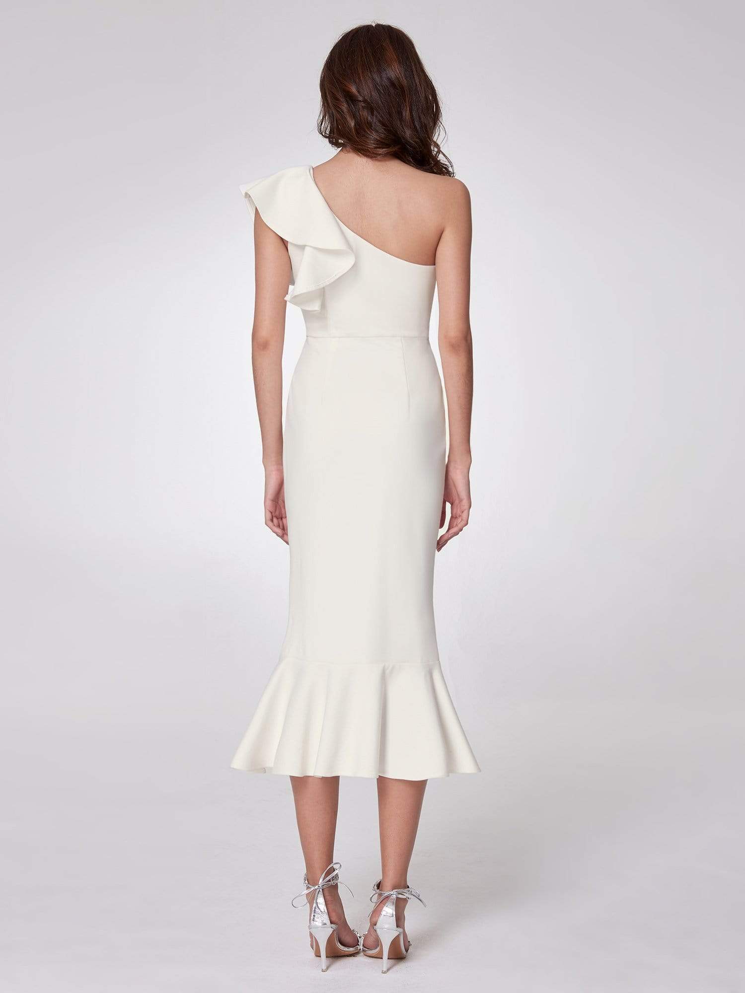 Color=White | One Shoulder Sexy Fitted Midi Dress-White 3
