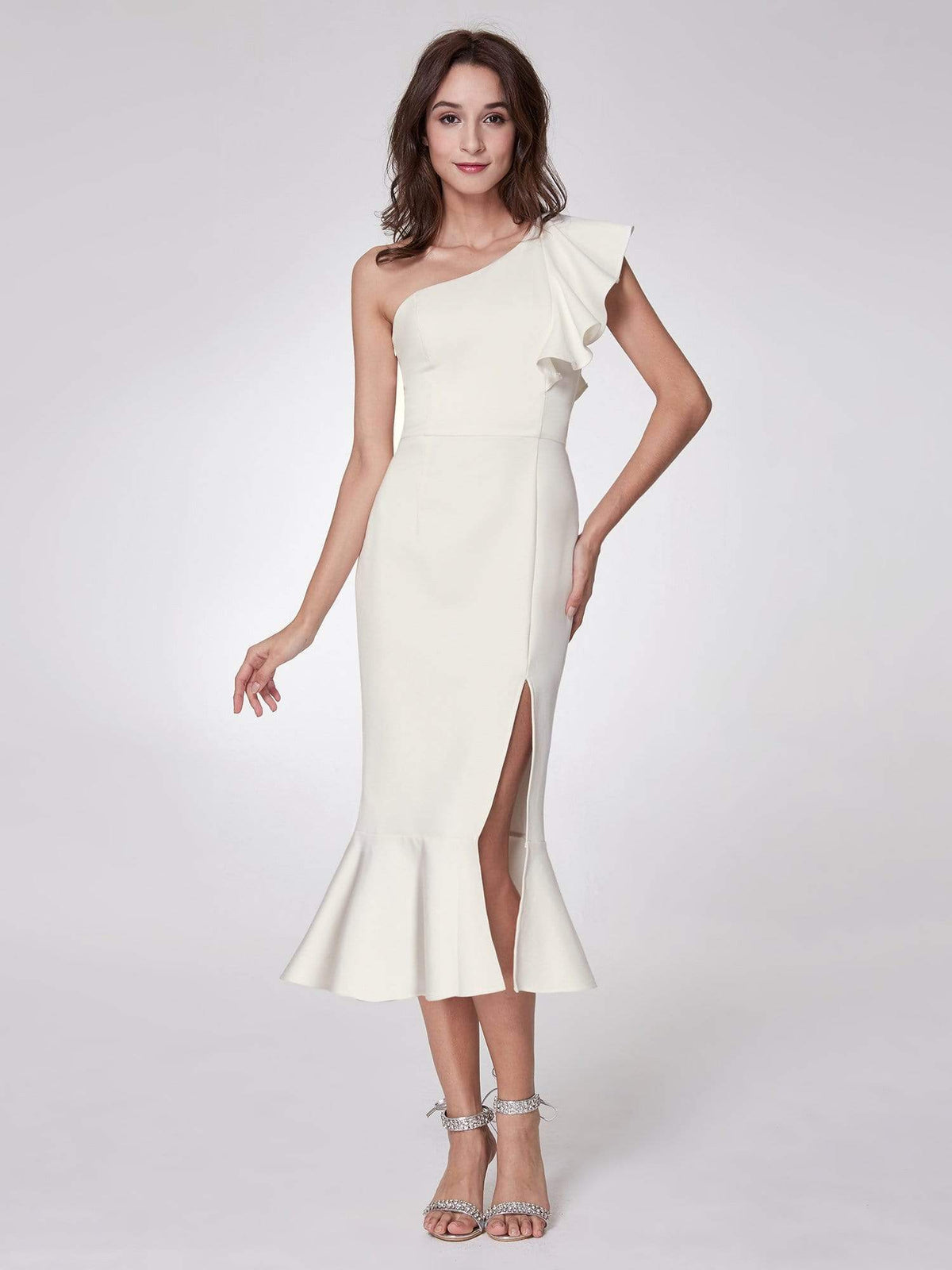 Color=White | One Shoulder Sexy Fitted Midi Dress-White 2