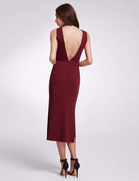 Color=Burgundy | Sexy Fitted Midi Dress With Open Back-Burgundy 2