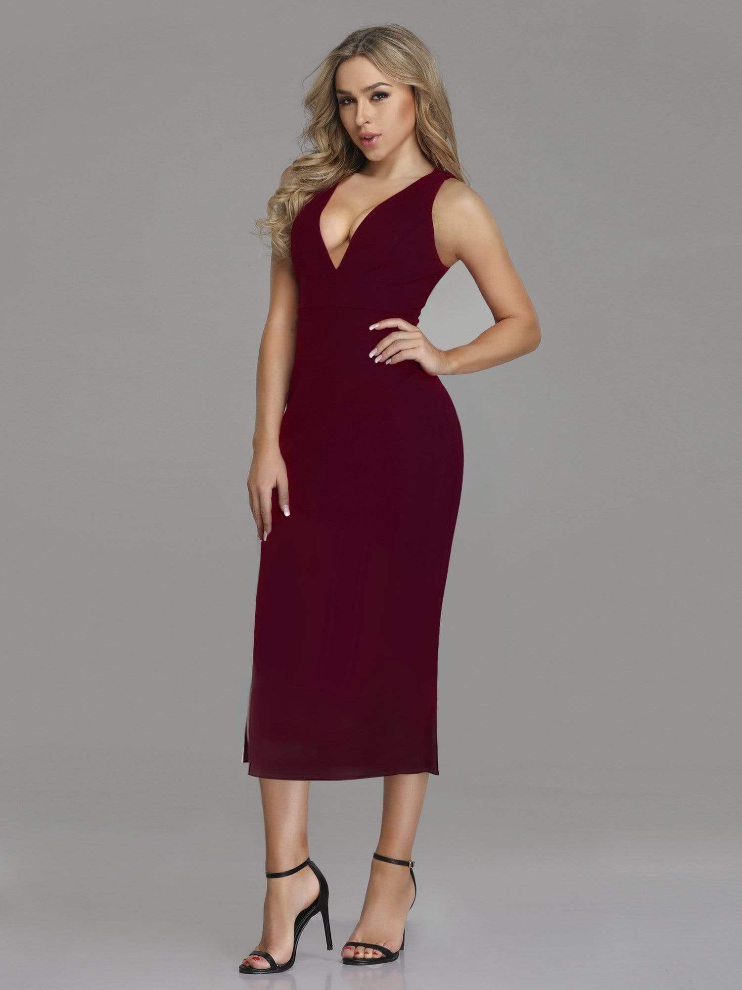 Color=Burgundy | Sexy Fitted Midi Dress With Open Back-Burgundy 6