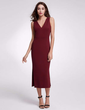 Color=Burgundy | Sexy Fitted Midi Dress With Open Back-Burgundy 1