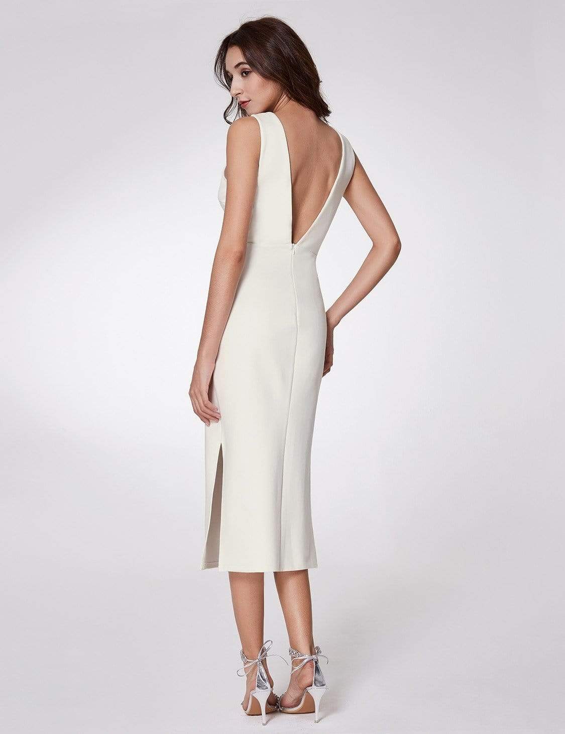 Color=White | Sexy Fitted Midi Dress With Open Back-White 2