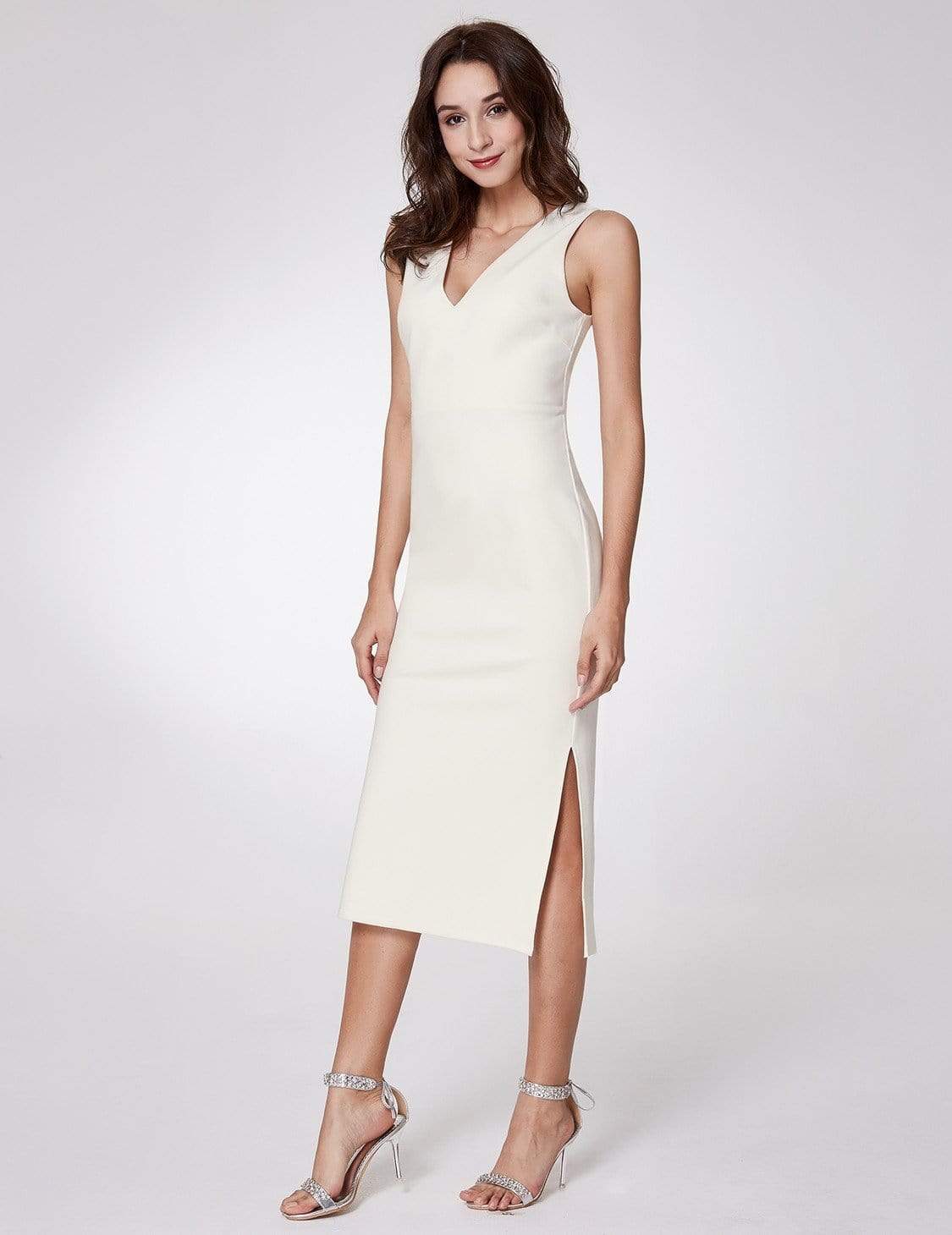 Color=White | Sexy Fitted Midi Dress With Open Back-White 3