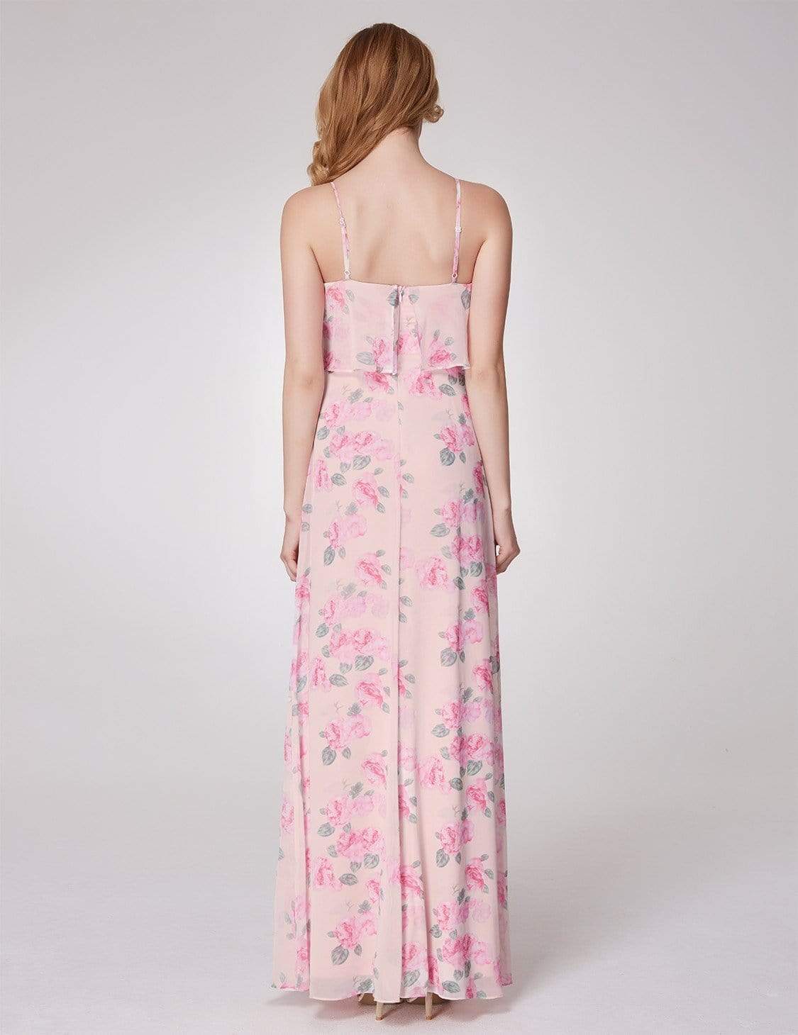 Color=Pink | Spaghetti Straps Long Floral Print Maxi Dress-Pink 7