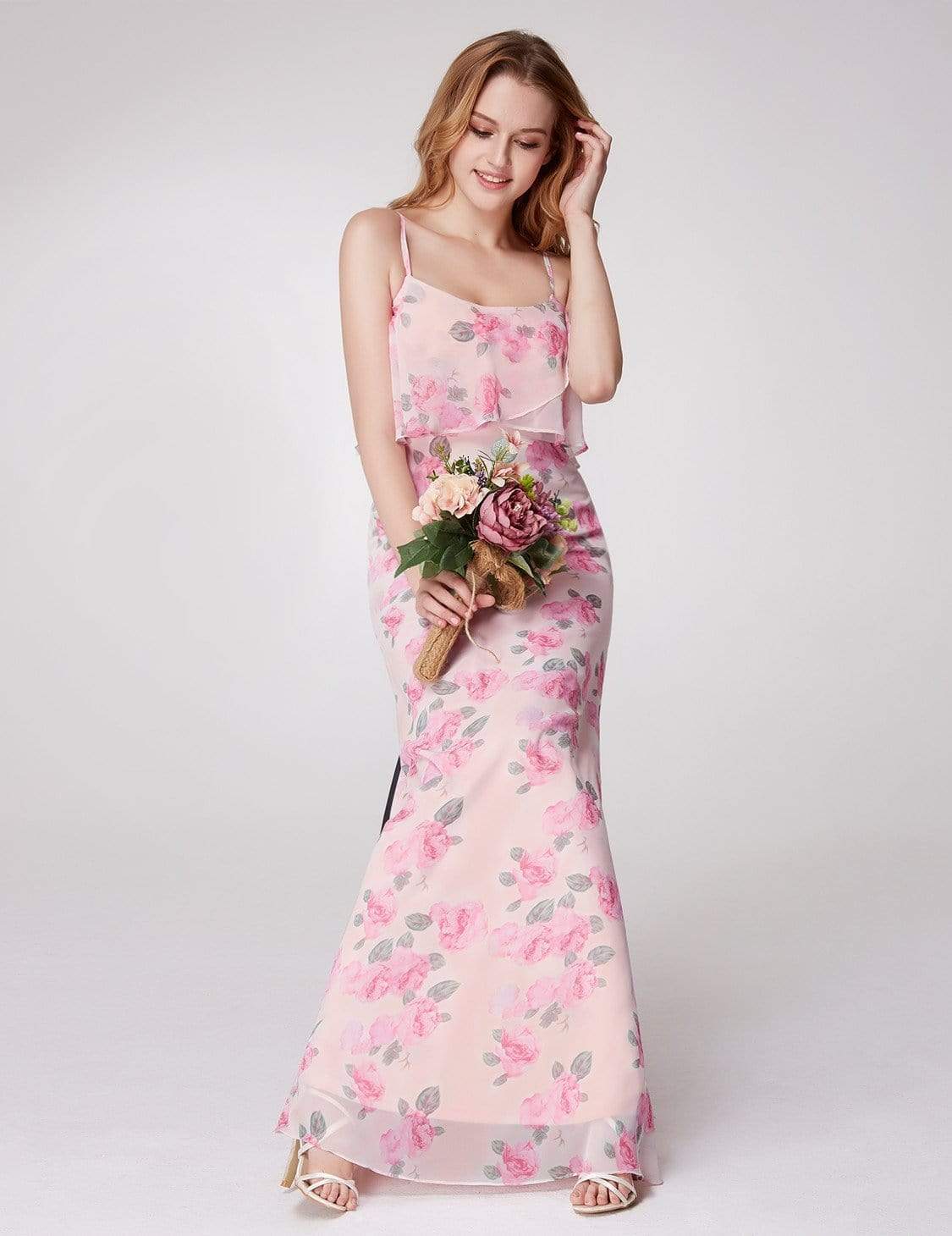 Color=Pink | Spaghetti Straps Long Floral Print Maxi Dress-Pink 9