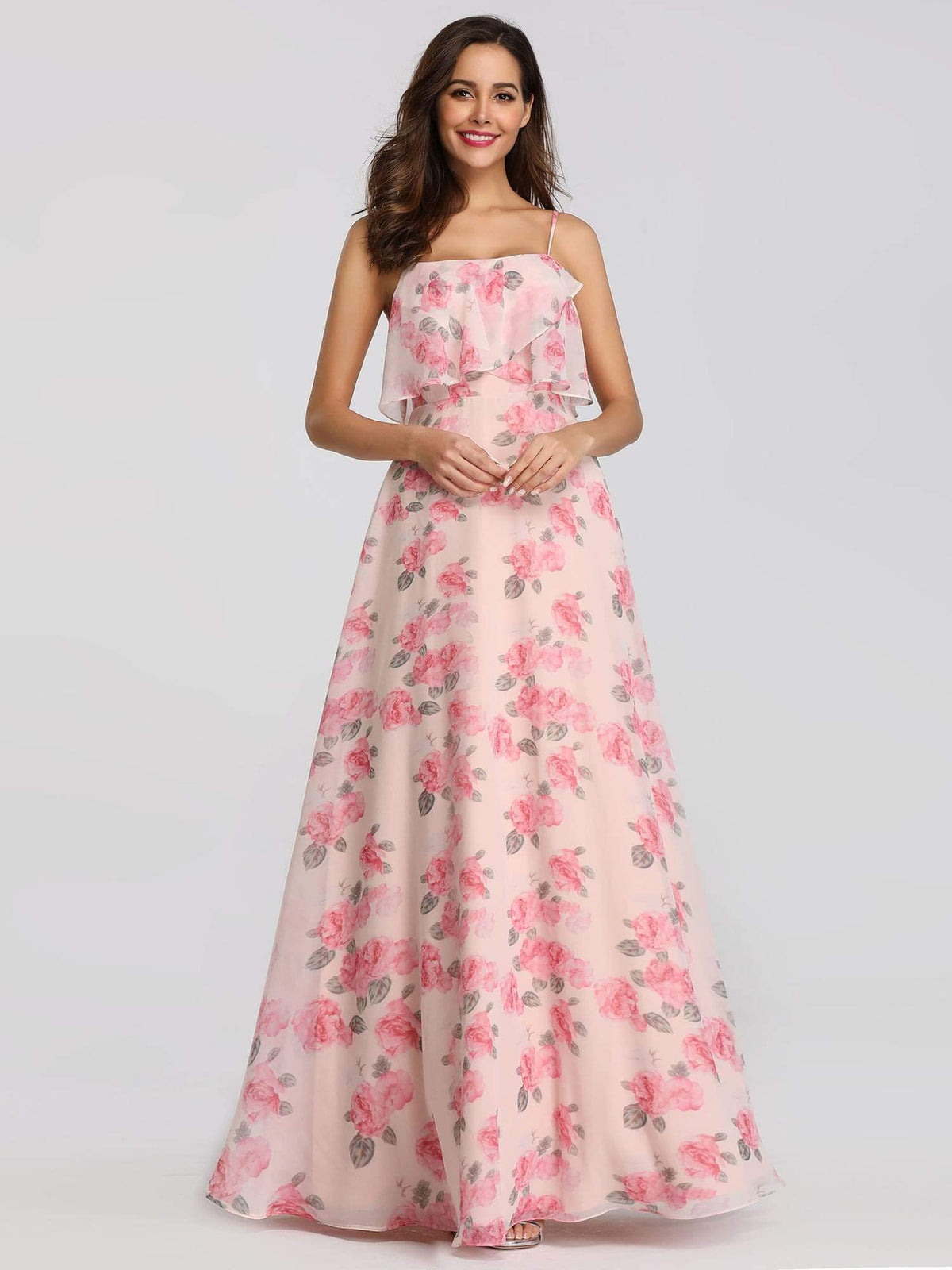 Color=Pink | Spaghetti Straps Long Floral Print Maxi Dress-Pink 1