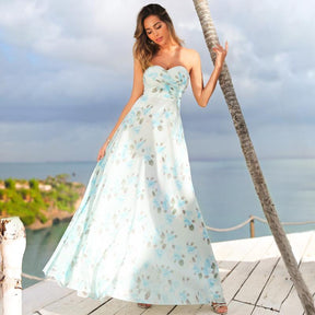COLOR=Sky Blue | Strapless Long Floral Print Maxi Dress-Sky Blue 1