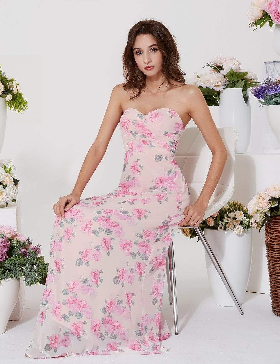 COLOR=Pink | Strapless Long Floral Print Maxi Dress-Pink 11