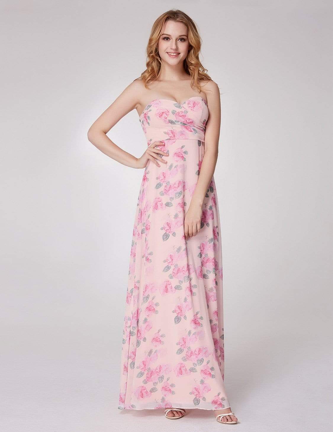 COLOR=Pink | Strapless Long Floral Print Maxi Dress-Pink 8