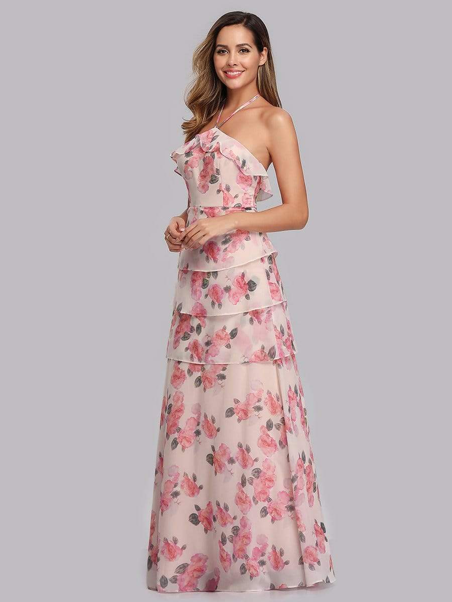 COLOR=Pink | Floral Print Halter Maxi Dress-Pink 10