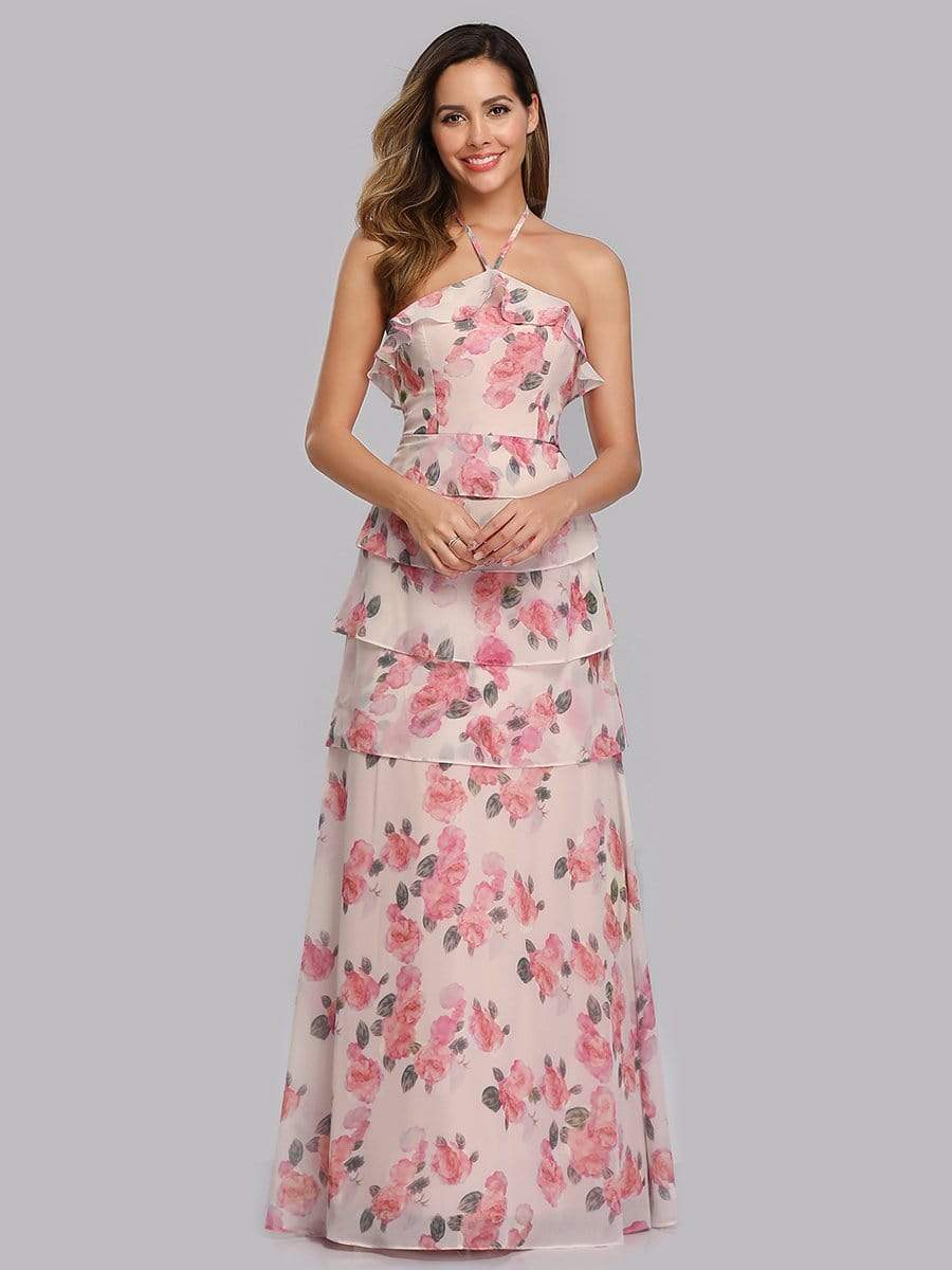 COLOR=Pink | Floral Print Halter Maxi Dress-Pink 8