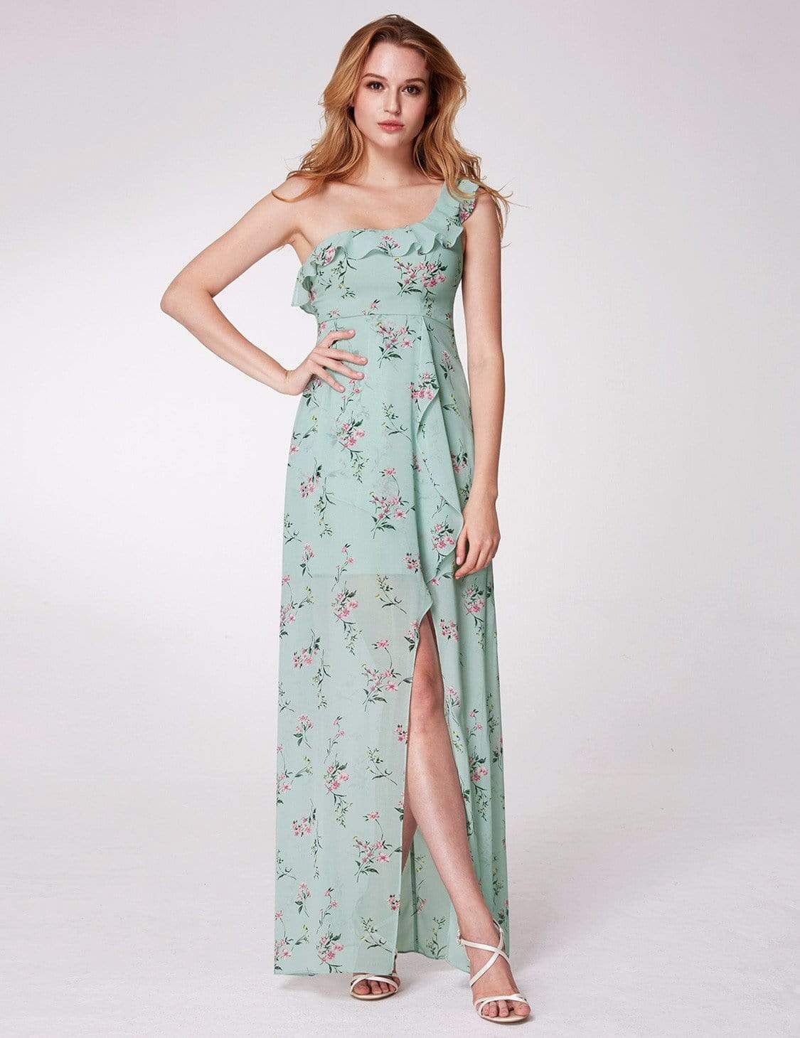 Color=Mint Green | One Shoulder Floral Print High Low Dress-Mint Green 3