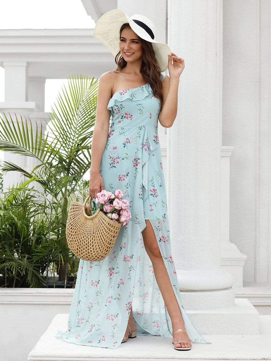 Color=Mint Green | One Shoulder Floral Print High Low Dress-Mint Green 1