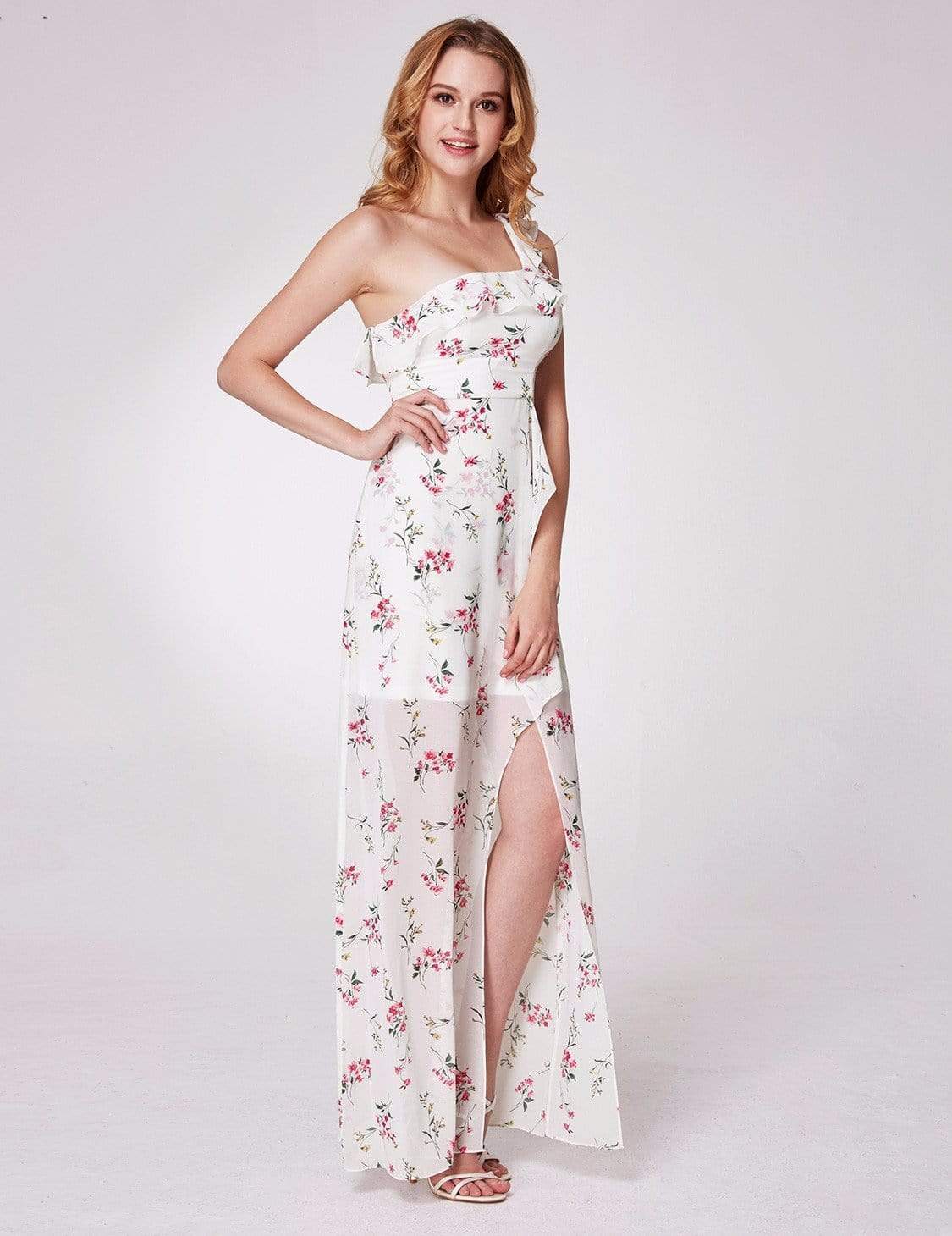 Color=White | One Shoulder Floral Print High Low Dress-White 6