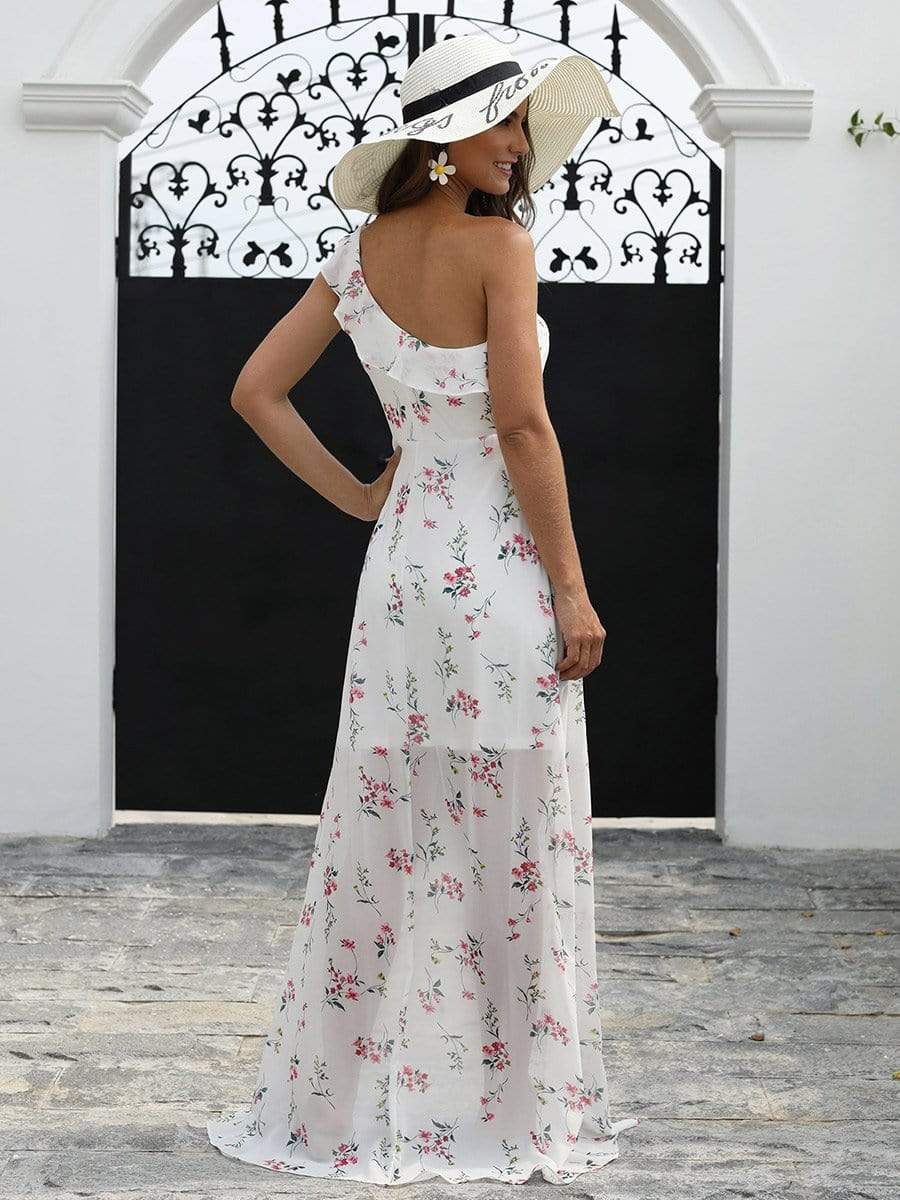 Color=White | One Shoulder Floral Print High Low Dress-White 3