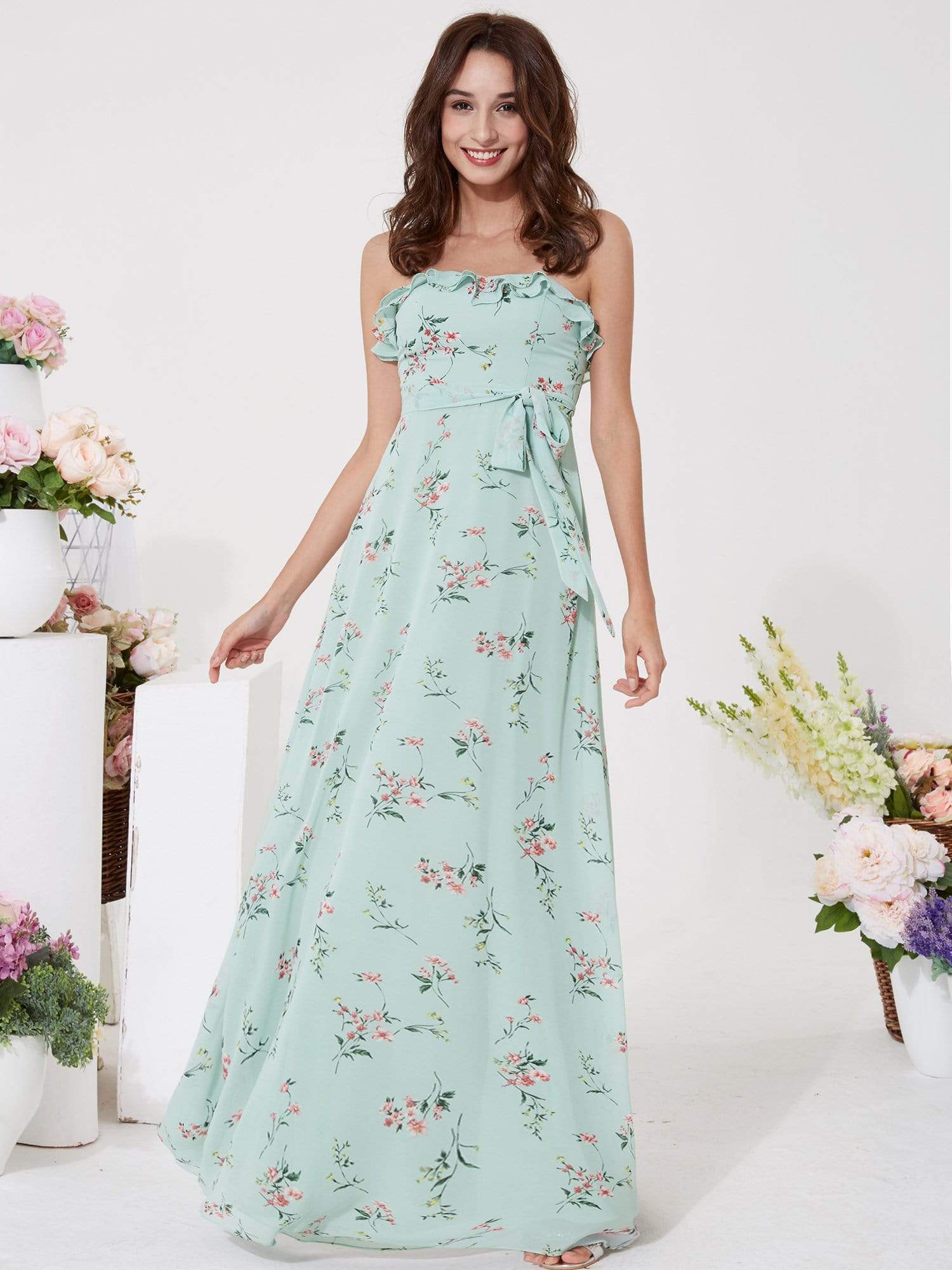 Color=Mint Green | Strapless Ruffles Floral Print Maxi Dress-Mint Green 1