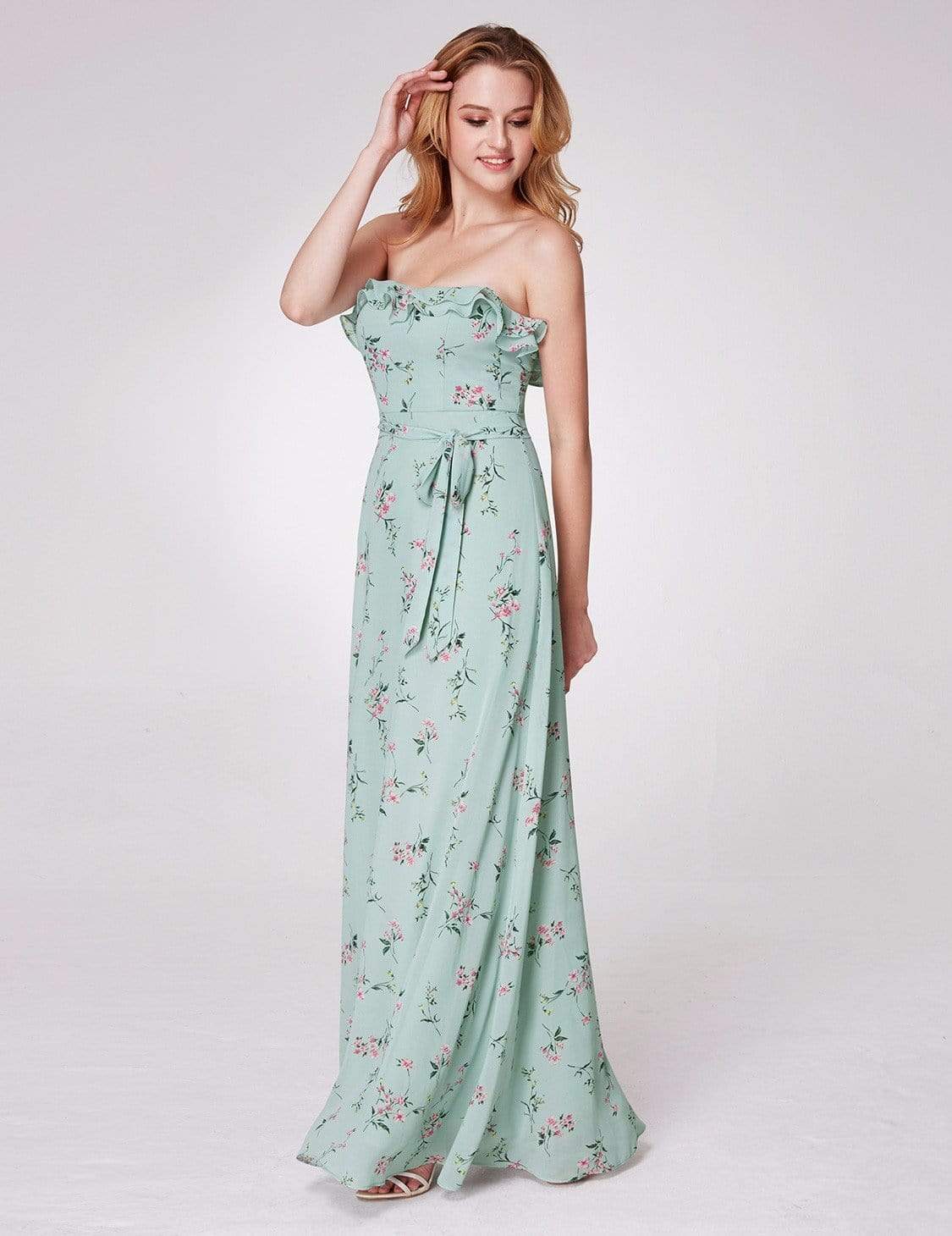 Color=Mint Green | Strapless Ruffles Floral Print Maxi Dress-Mint Green 8