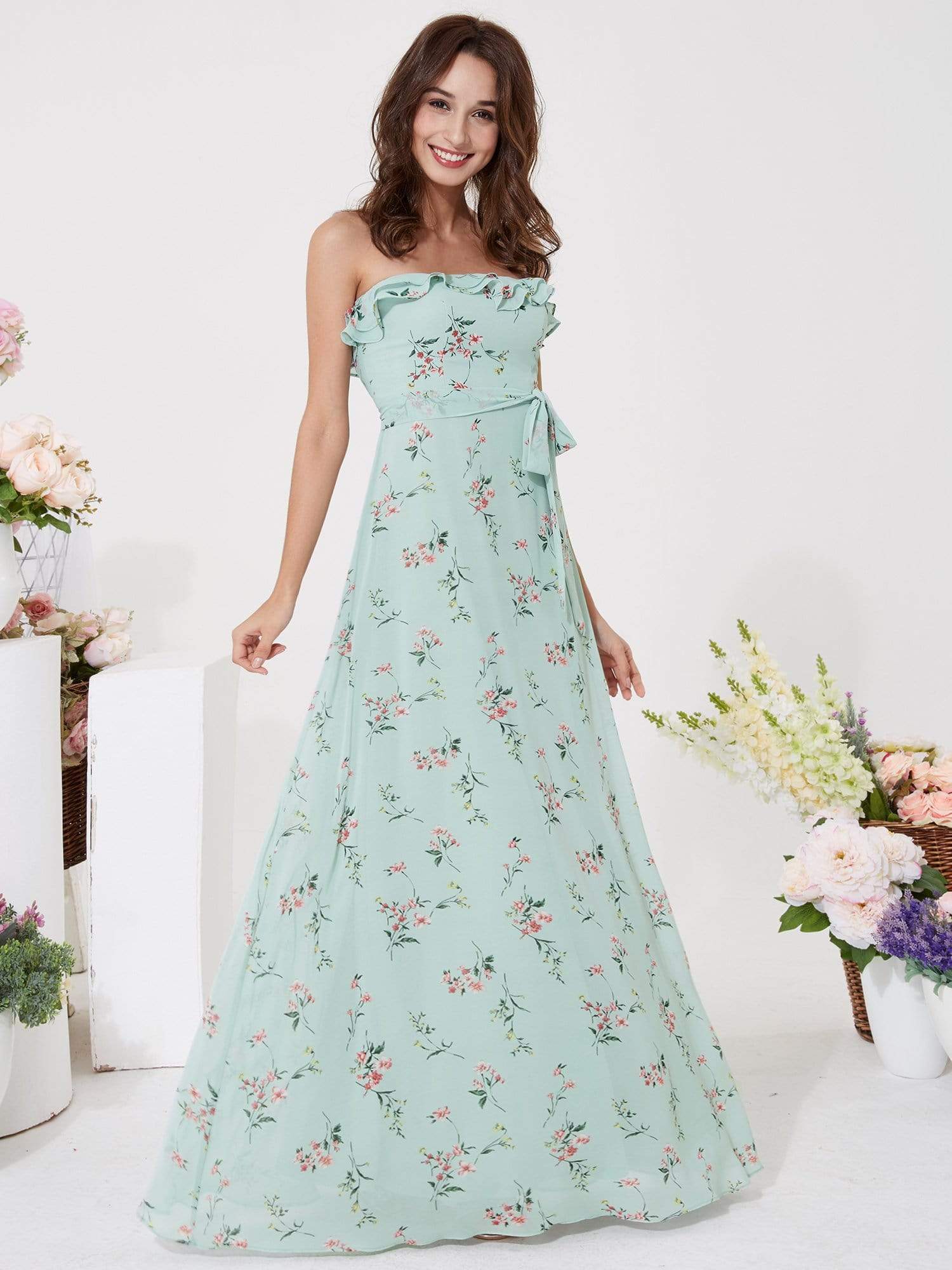 Color=Mint Green | Strapless Ruffles Floral Print Maxi Dress-Mint Green 3