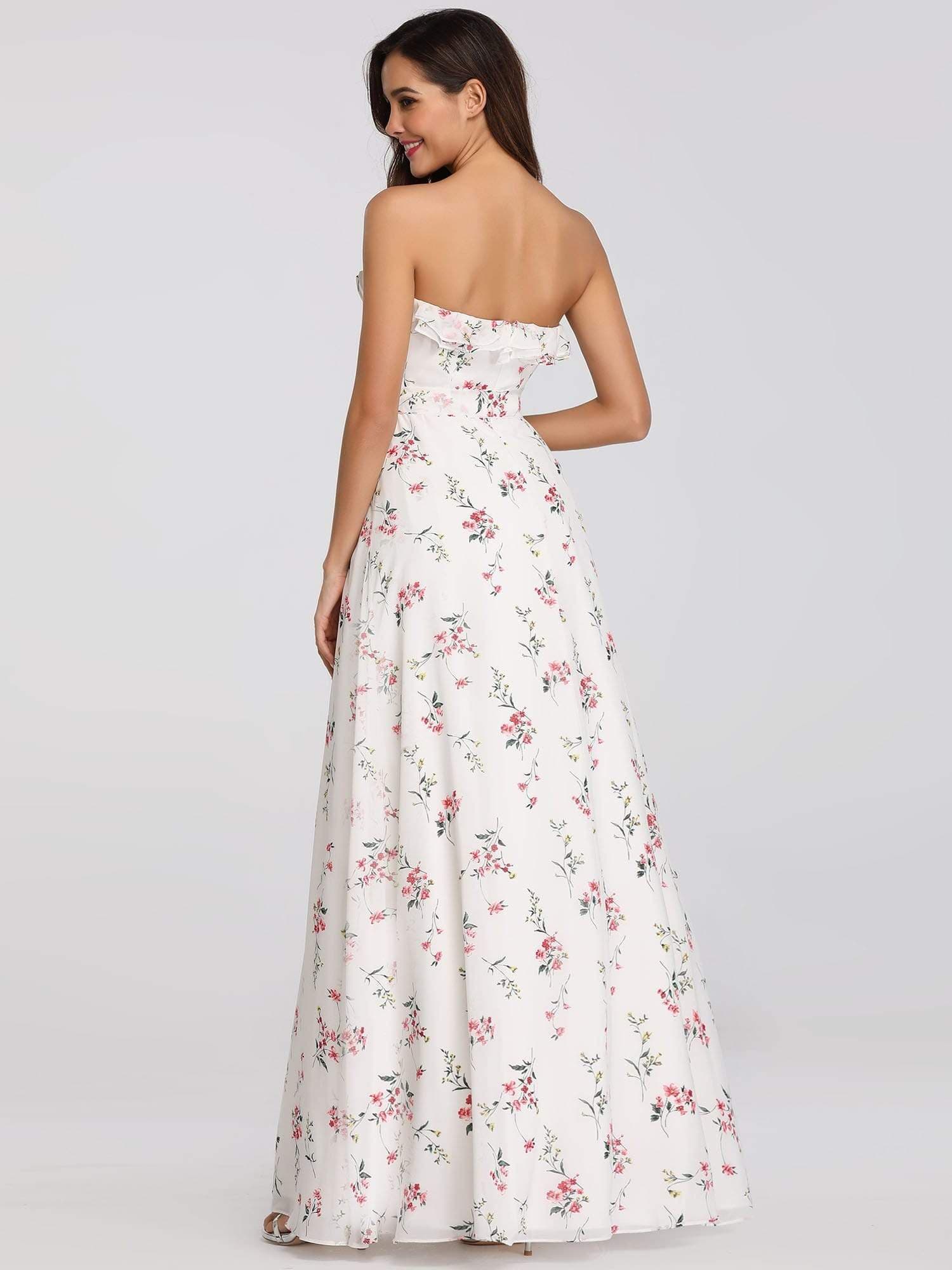 Color=White | Strapless Ruffles Floral Print Maxi Dress-White 2