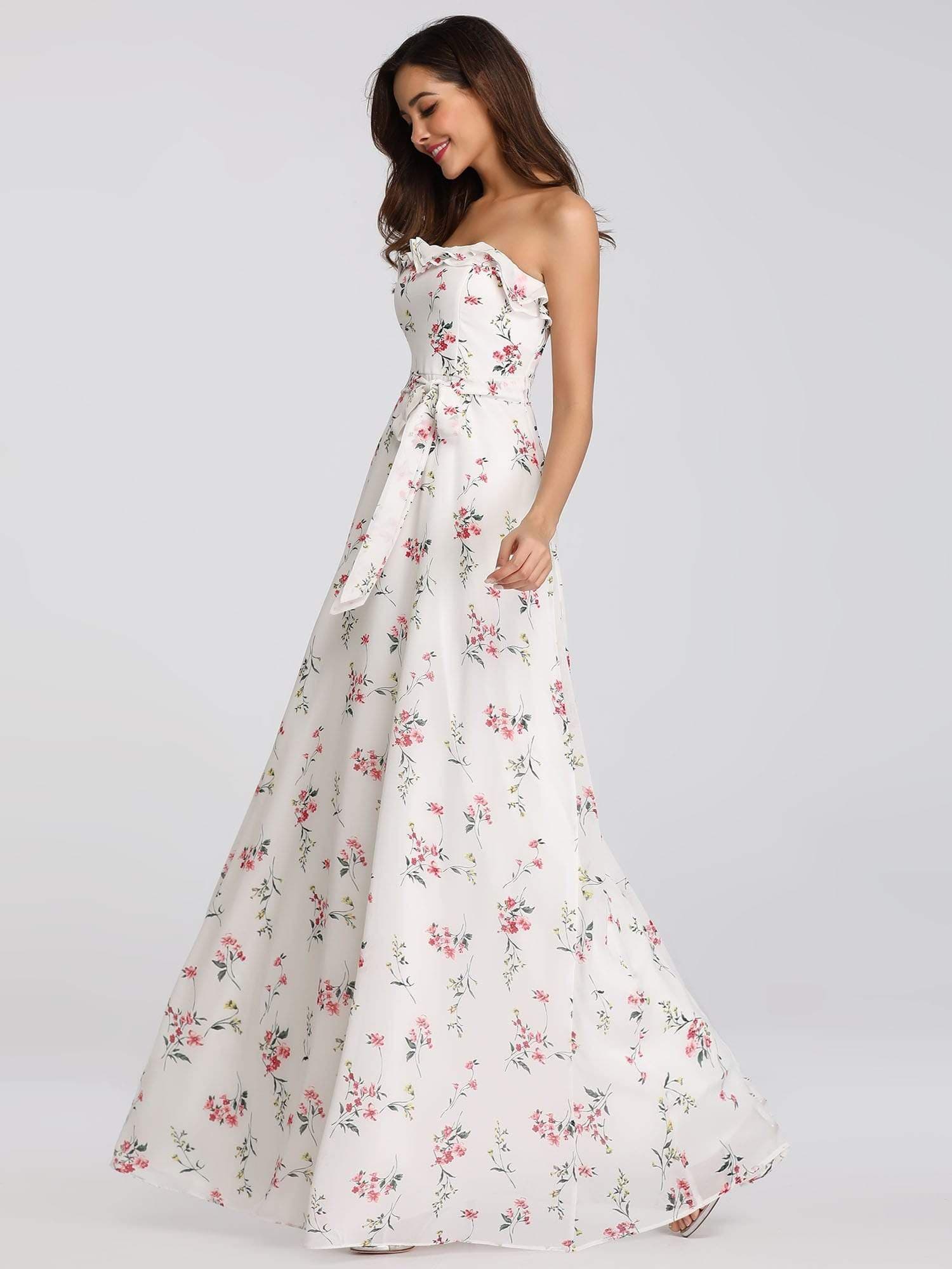 Color=White | Strapless Ruffles Floral Print Maxi Dress-White 3