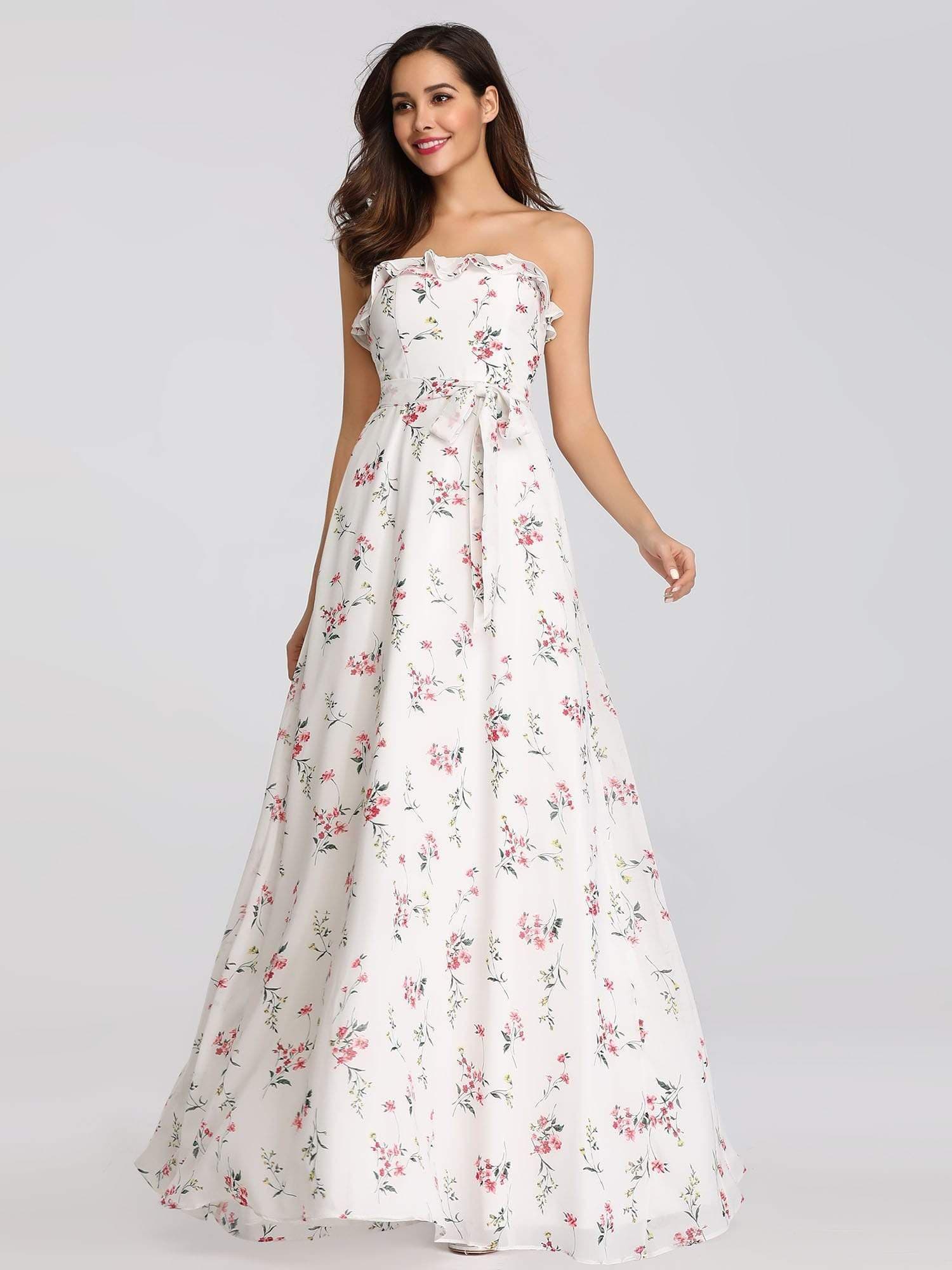 Color=White | Strapless Ruffles Floral Print Maxi Dress-White 1