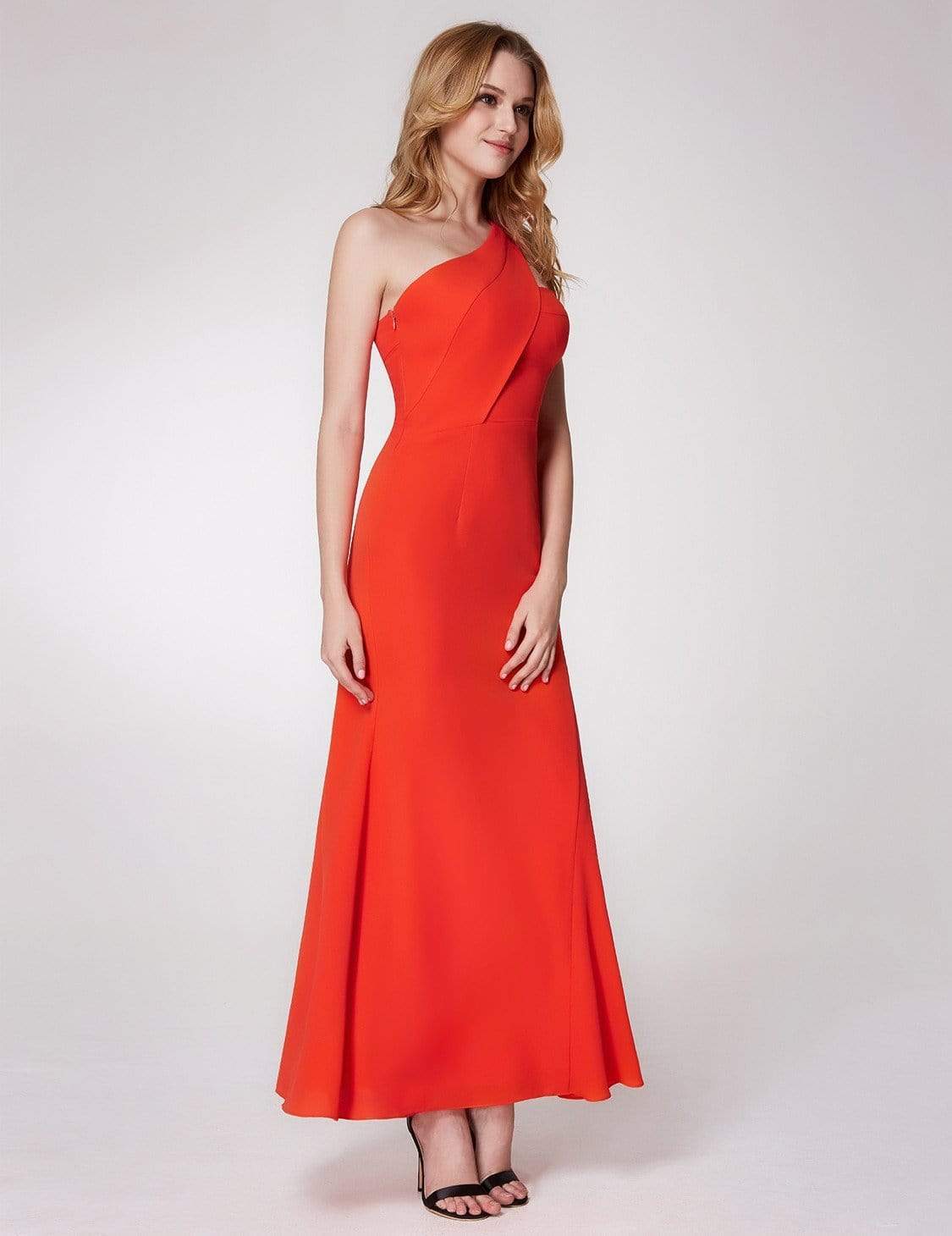 Color=Orange | One Shoulder Fitted A Line Long Party Dress-Orange 4