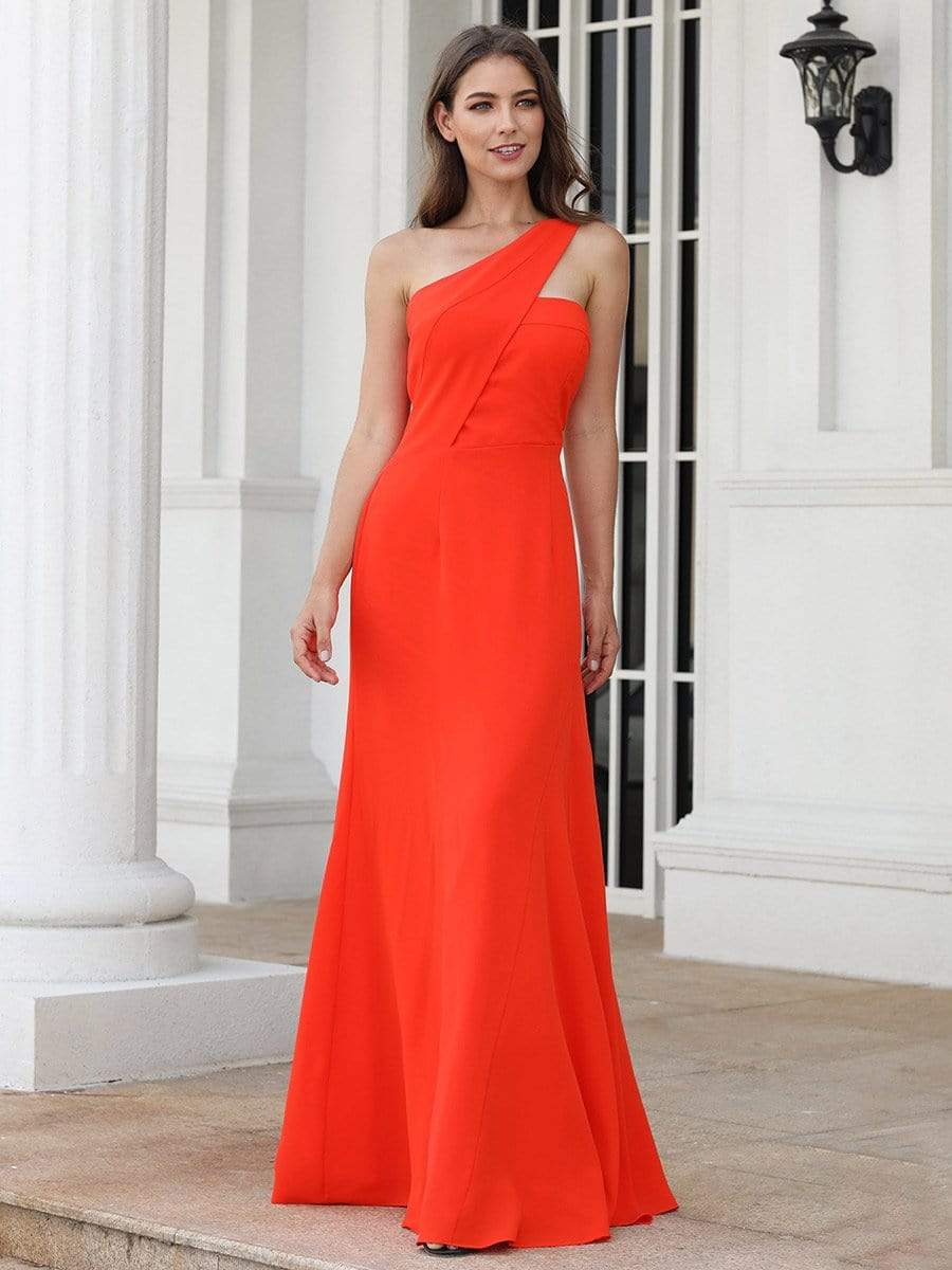 Color=Orange | One Shoulder Fitted A Line Long Party Dress-Orange 1