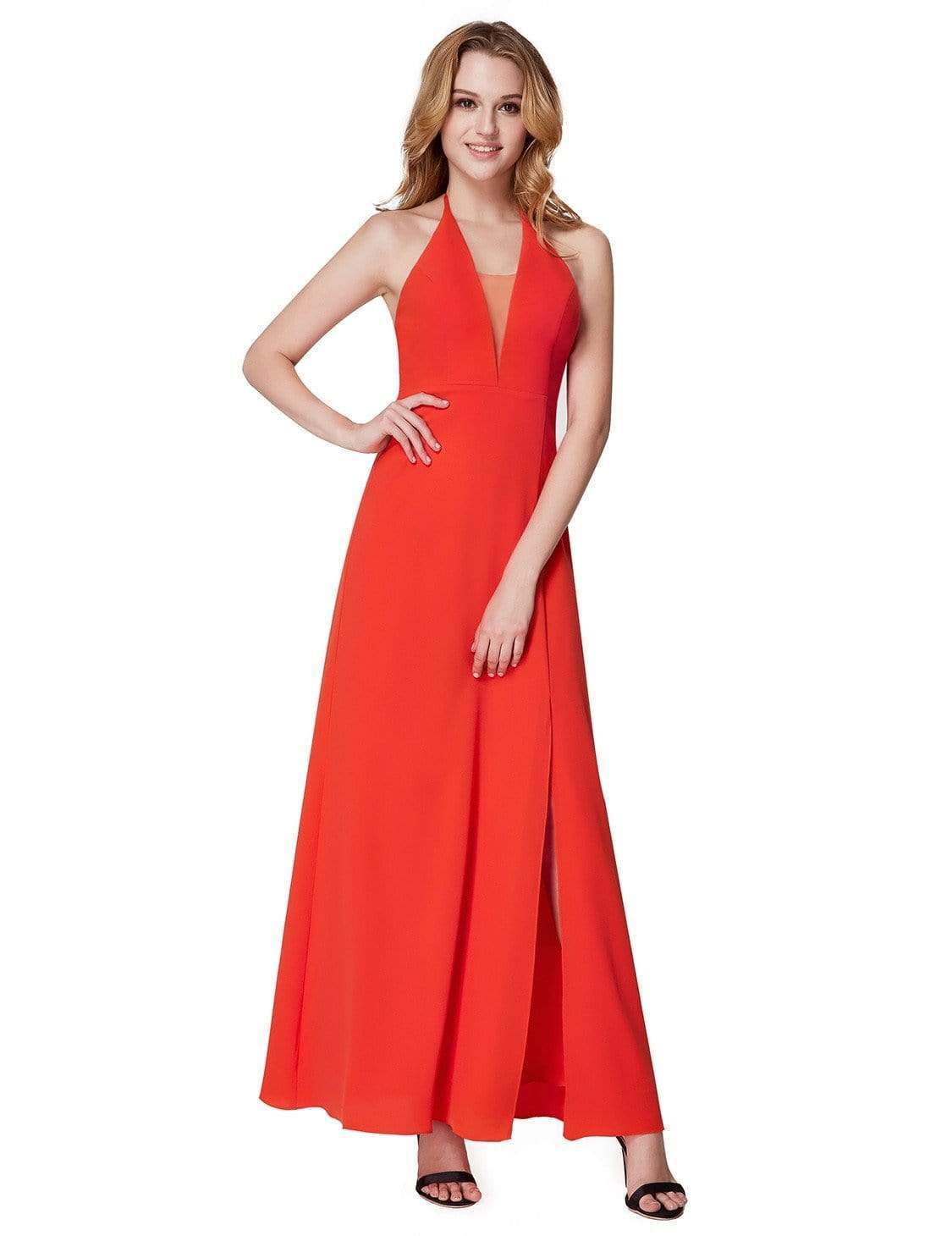 Color=Orange | V Neck Halter Long Party Dress-Orange 2