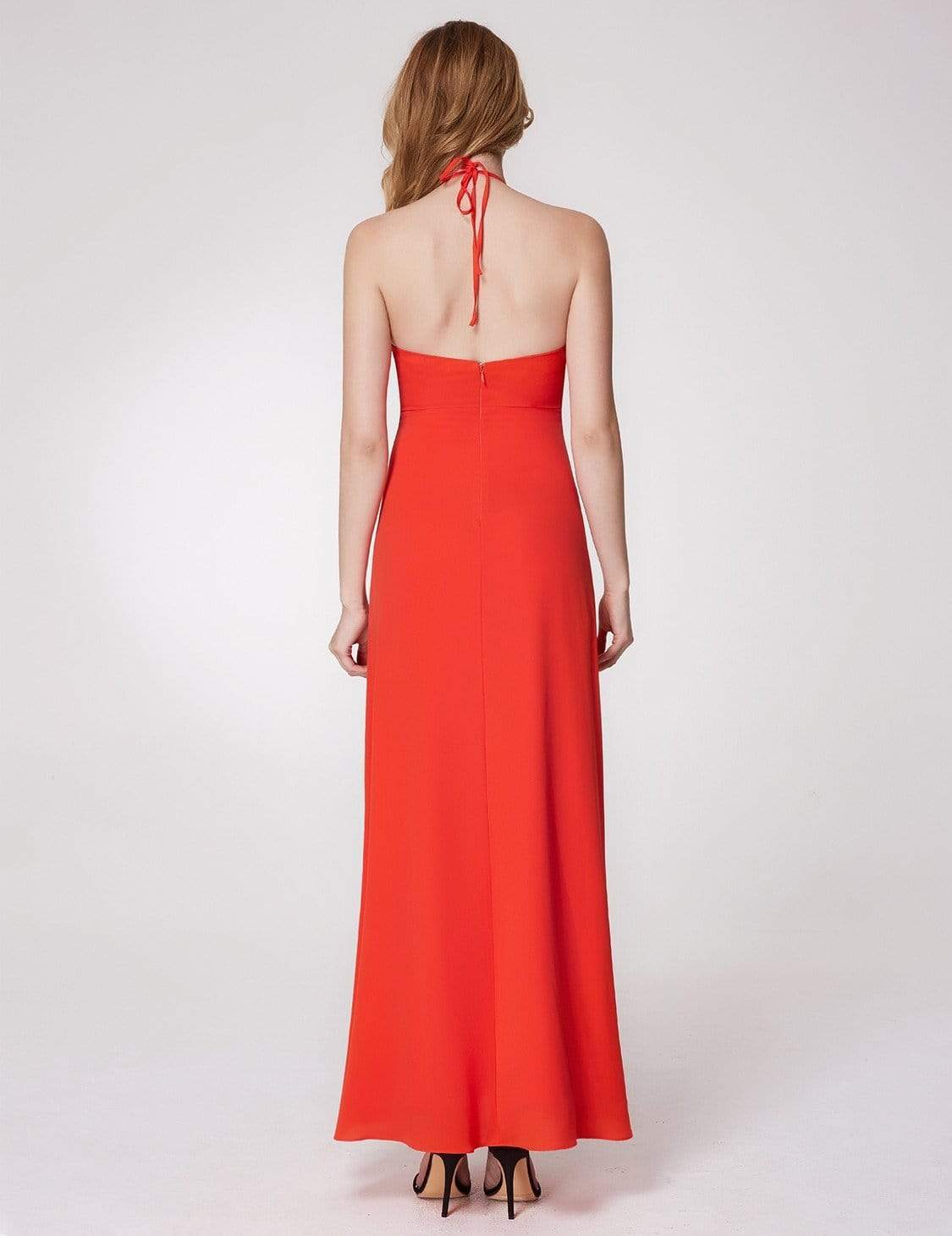 Color=Orange | V Neck Halter Long Party Dress-Orange 3