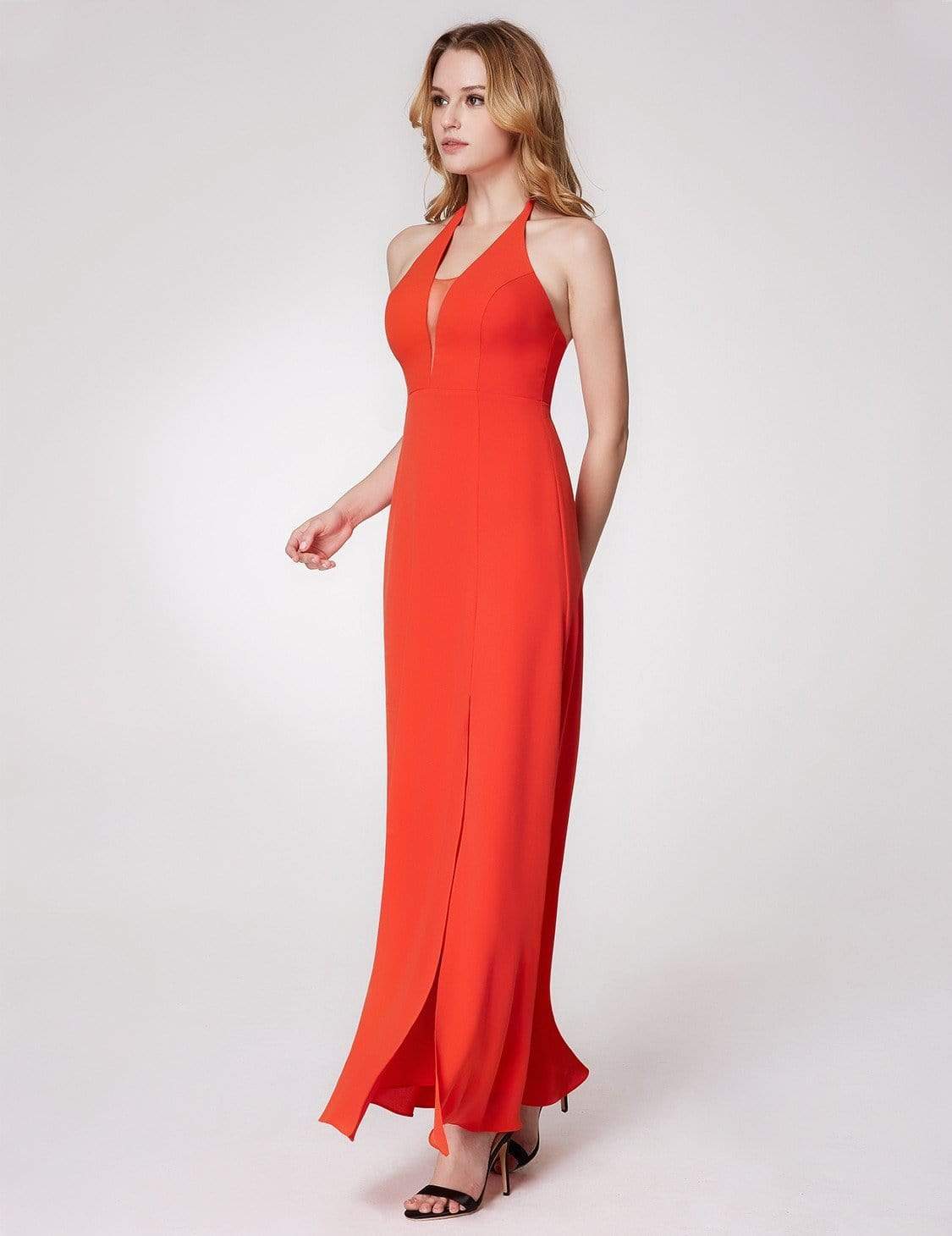 Color=Orange | V Neck Halter Long Party Dress-Orange 4