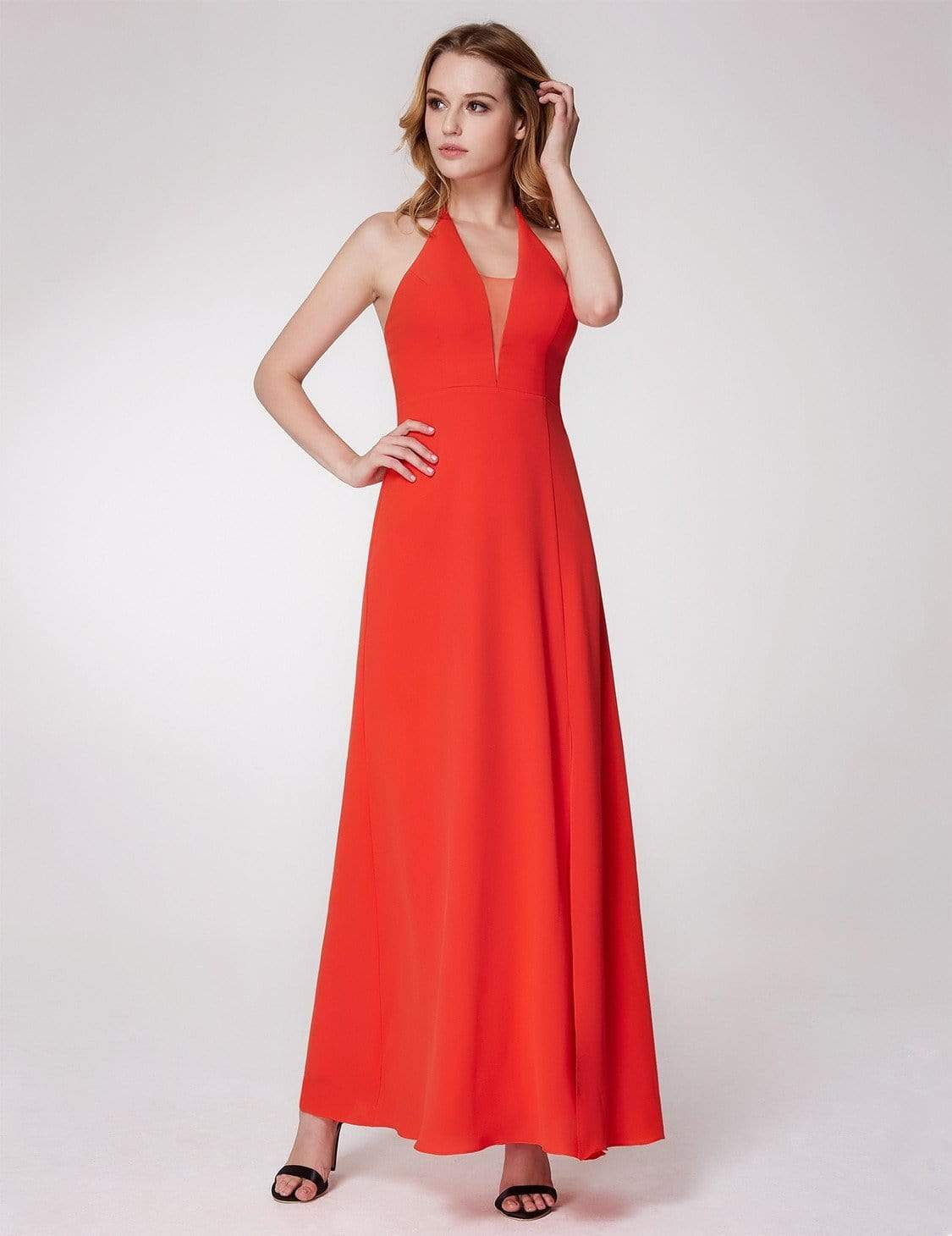 Color=Orange | V Neck Halter Long Party Dress-Orange 5