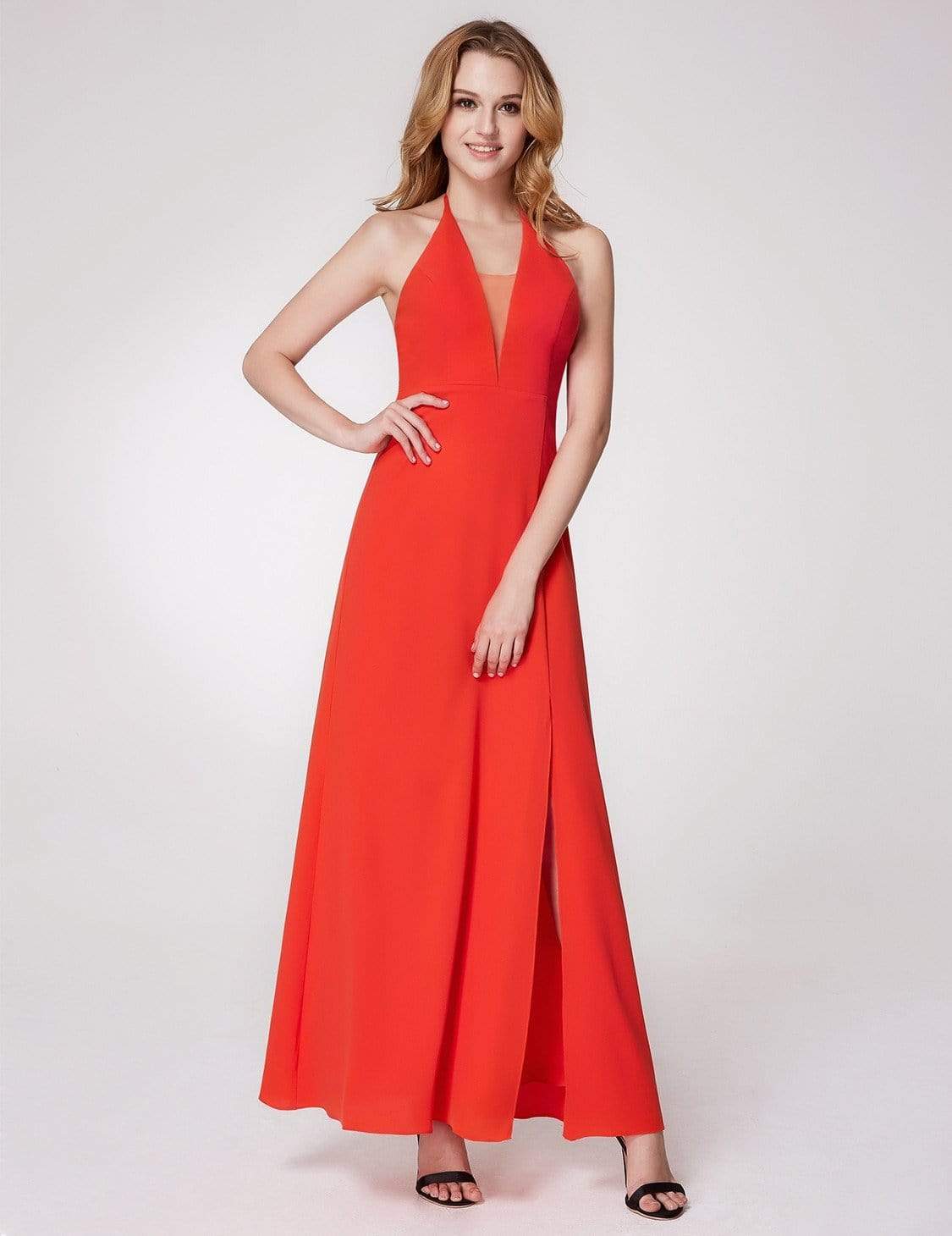 Color=Orange | V Neck Halter Long Party Dress-Orange 1