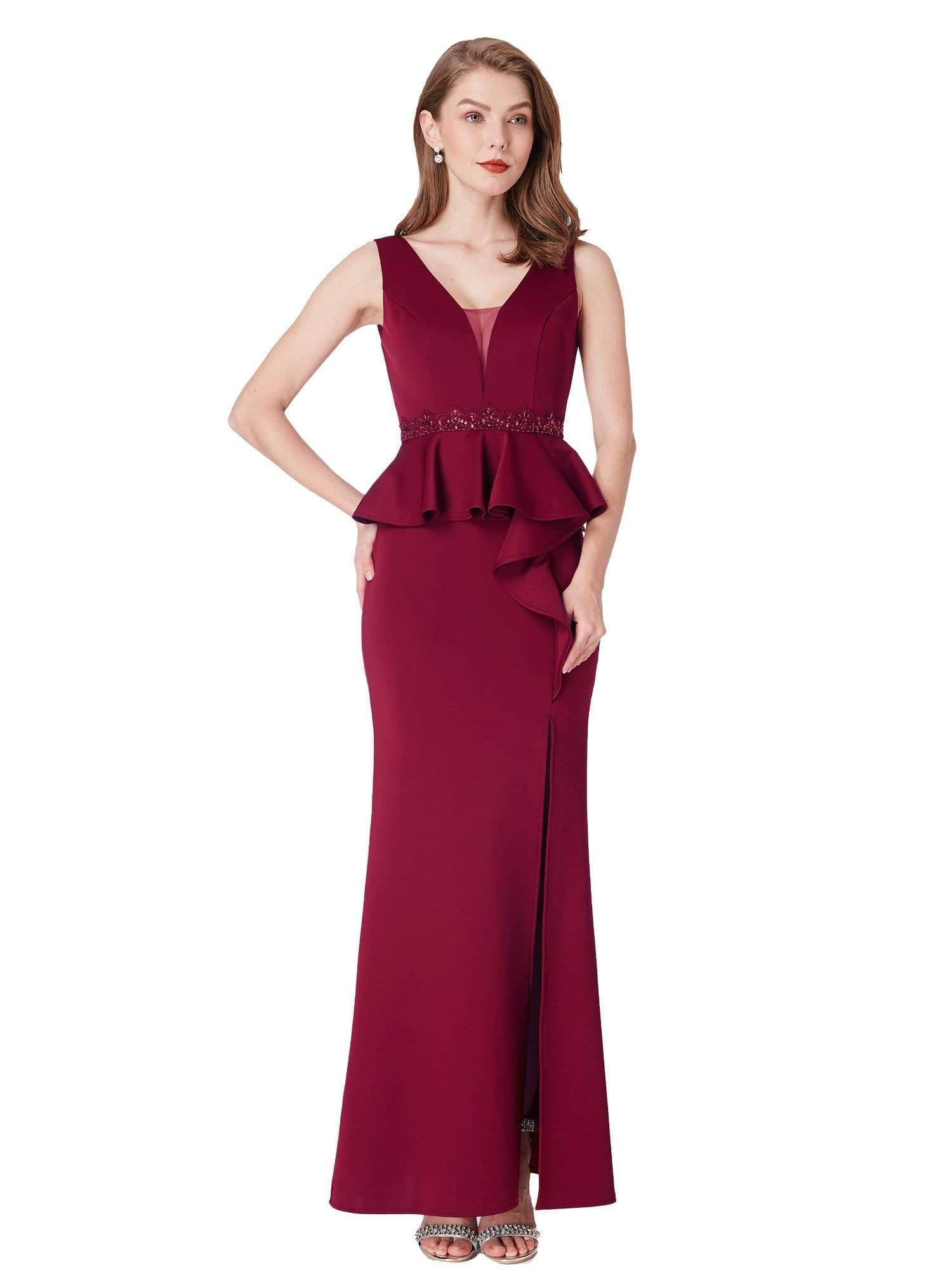 Color=Burgundy | Floor Length Peplum Evening Dress With Thigh High Slit-Burgundy 3