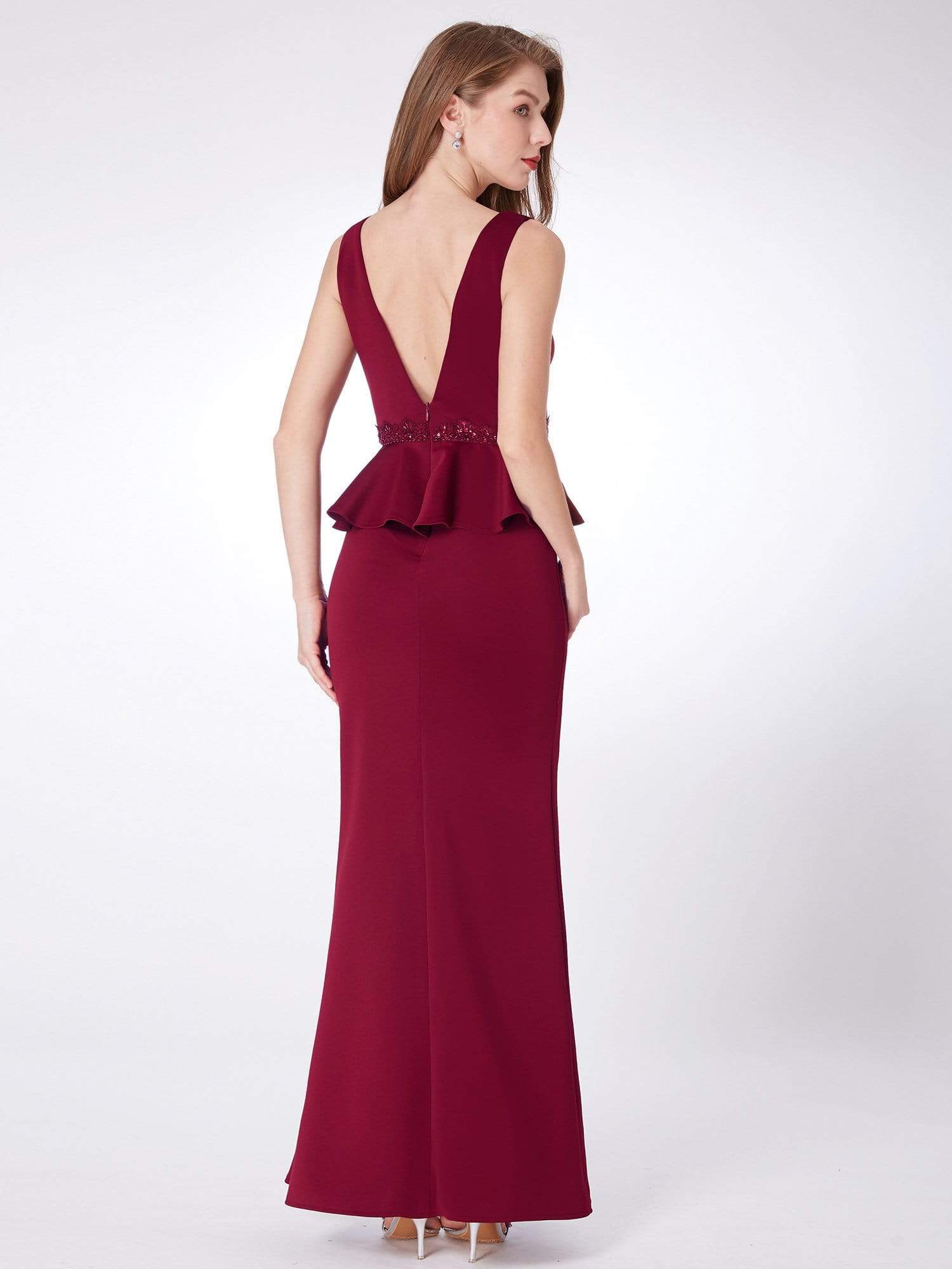 Color=Burgundy | Floor Length Peplum Evening Dress With Thigh High Slit-Burgundy 4