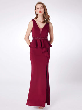 Color=Burgundy | Floor Length Peplum Evening Dress With Thigh High Slit-Burgundy 5