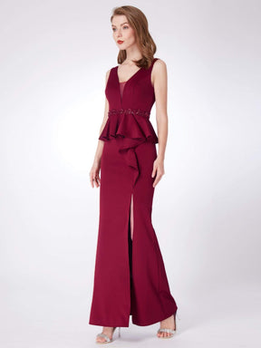 Color=Burgundy | Floor Length Peplum Evening Dress With Thigh High Slit-Burgundy 6
