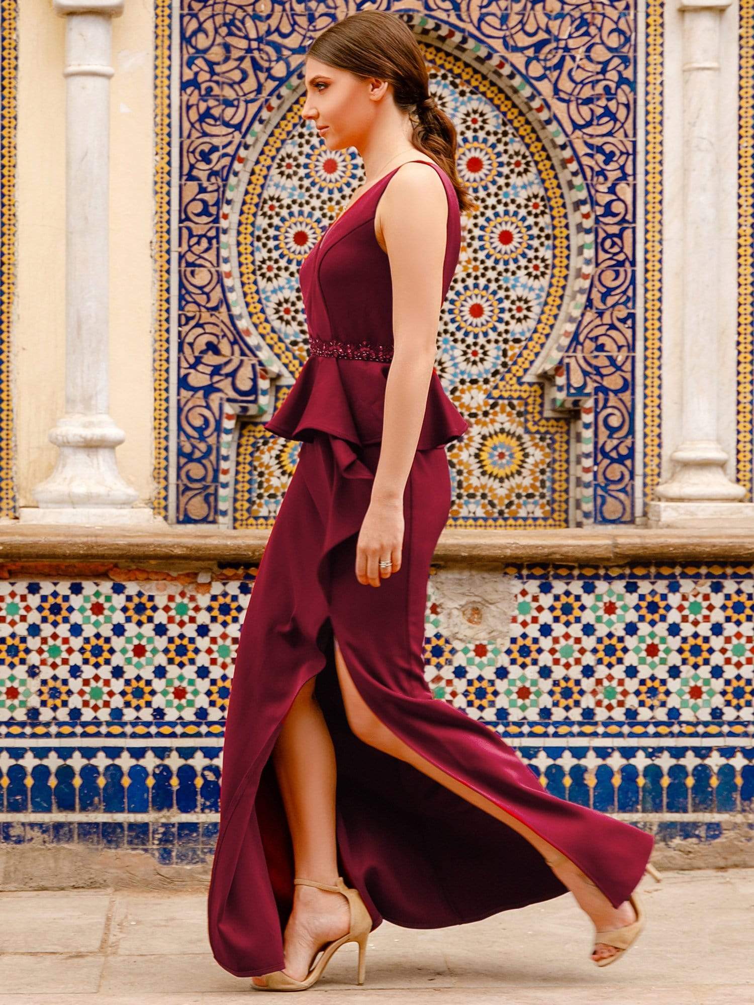 Color=Burgundy | Floor Length Peplum Evening Dress With Thigh High Slit-Burgundy 8