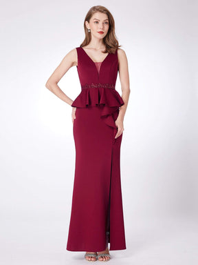 Color=Burgundy | Floor Length Peplum Evening Dress With Thigh High Slit-Burgundy 2