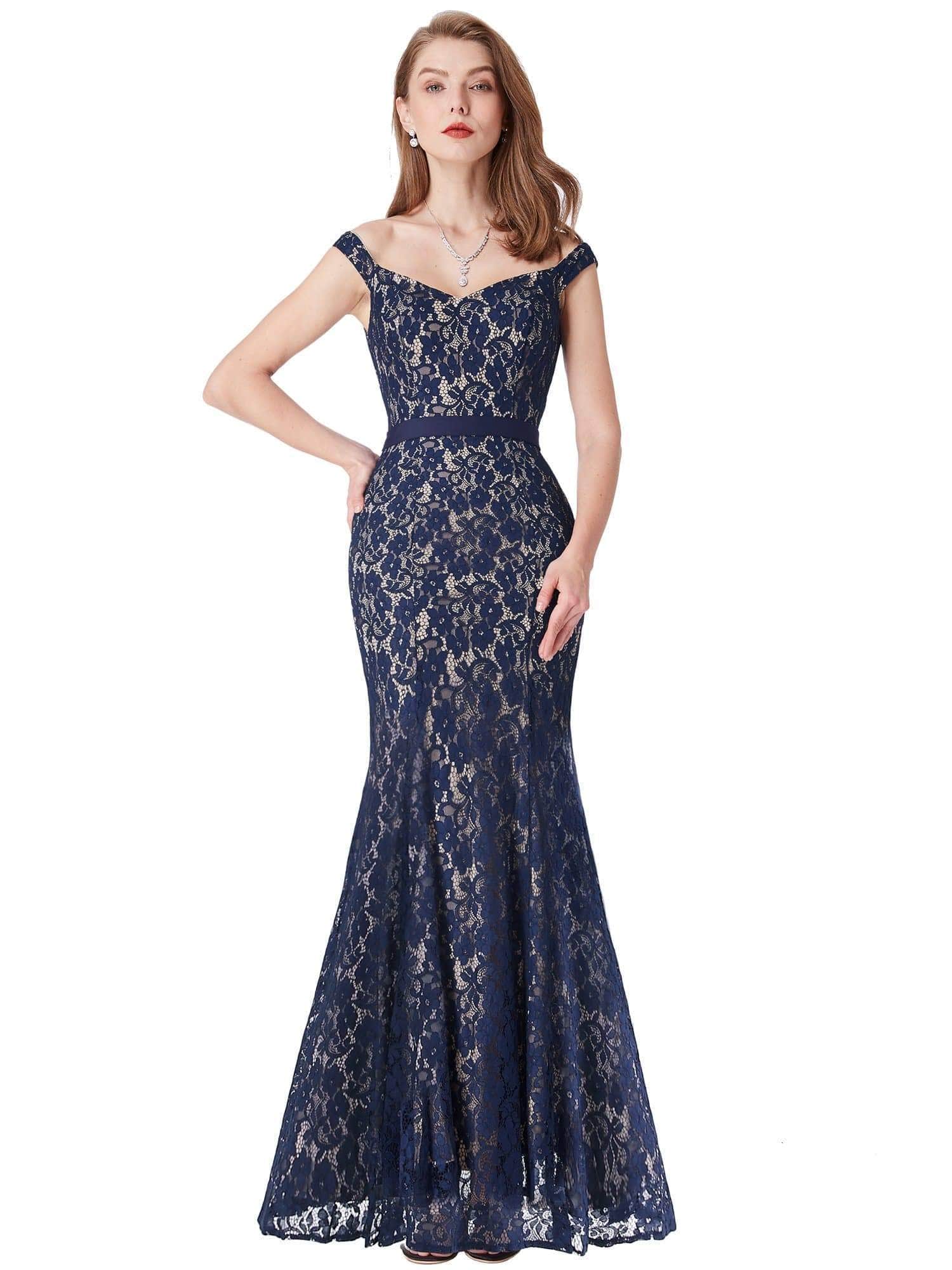 Color=Navy Blue | Elegant Off Shoulder Lace Evening Dress-Navy Blue 2