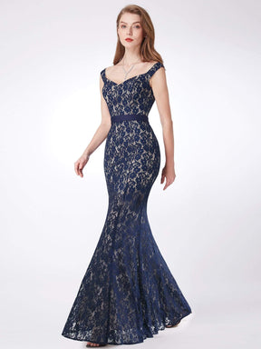 Color=Navy Blue | Elegant Off Shoulder Lace Evening Dress-Navy Blue 4