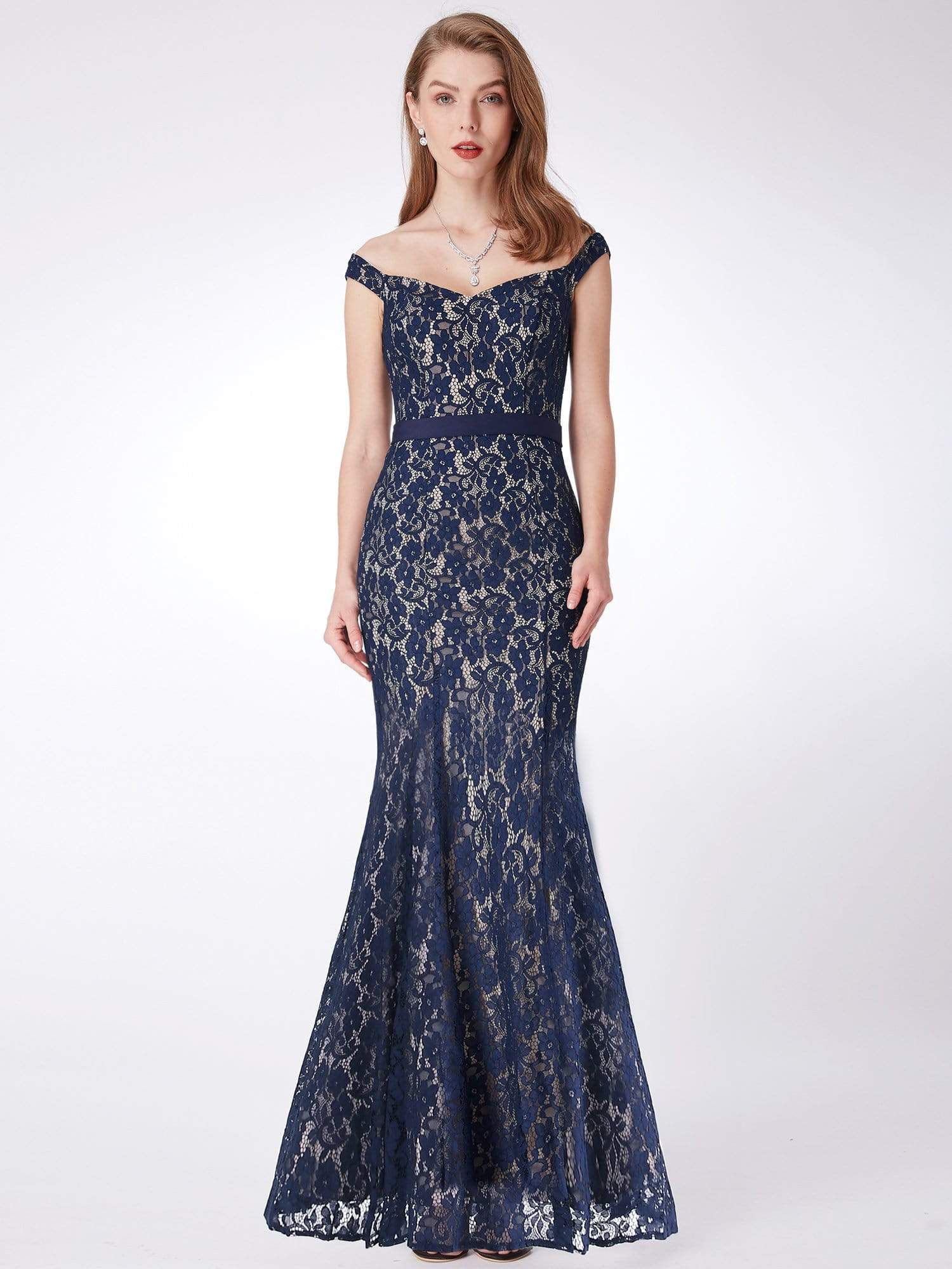 Color=Navy Blue | Elegant Off Shoulder Lace Evening Dress-Navy Blue 5